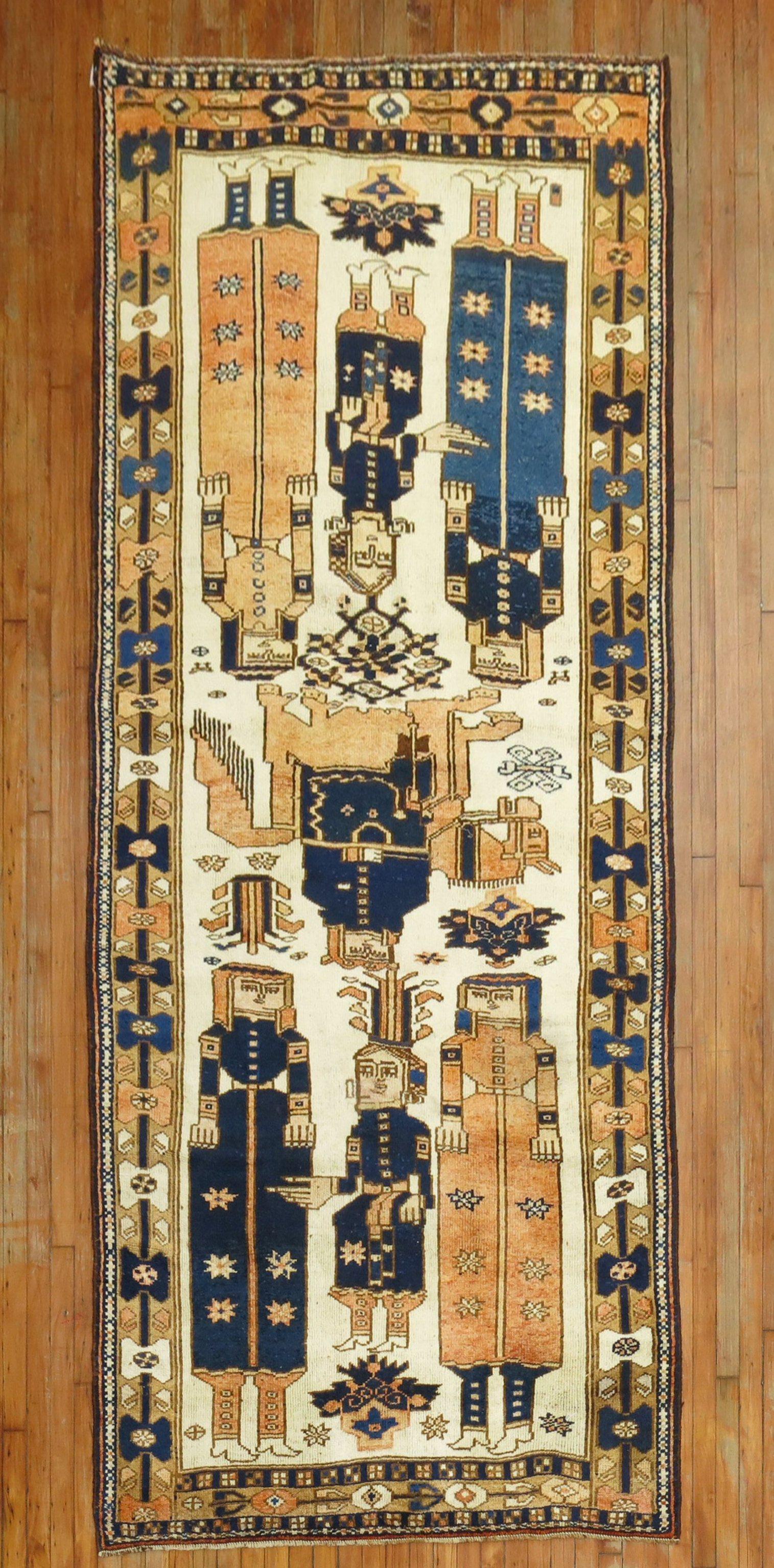 Hand-Knotted Zabihi Collection Vintage Persian Pictorial Balouch Gallery Rug For Sale