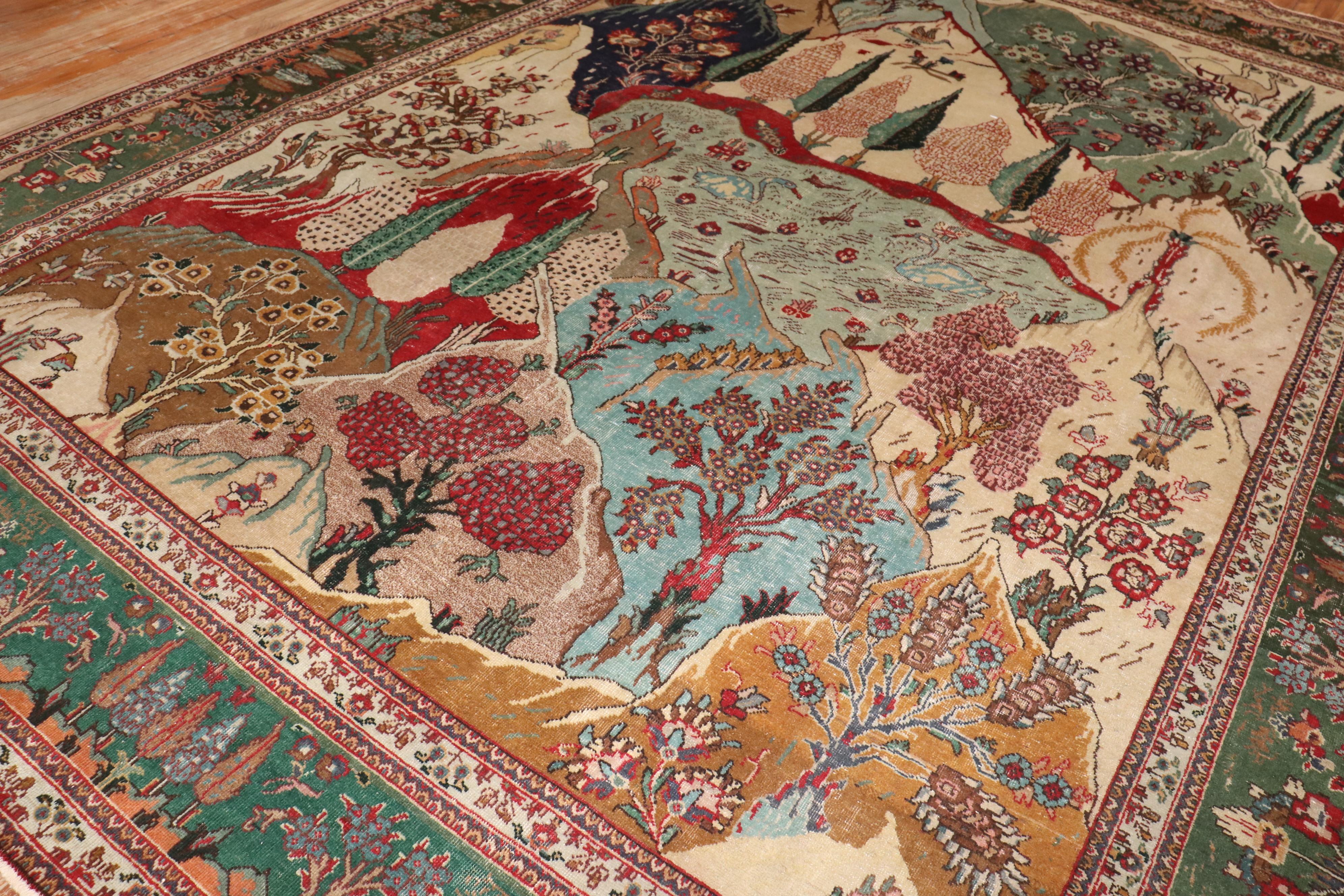 Wool Zabihi Collection Vintage Persian Tabriz Pictorial Scene Carpet For Sale