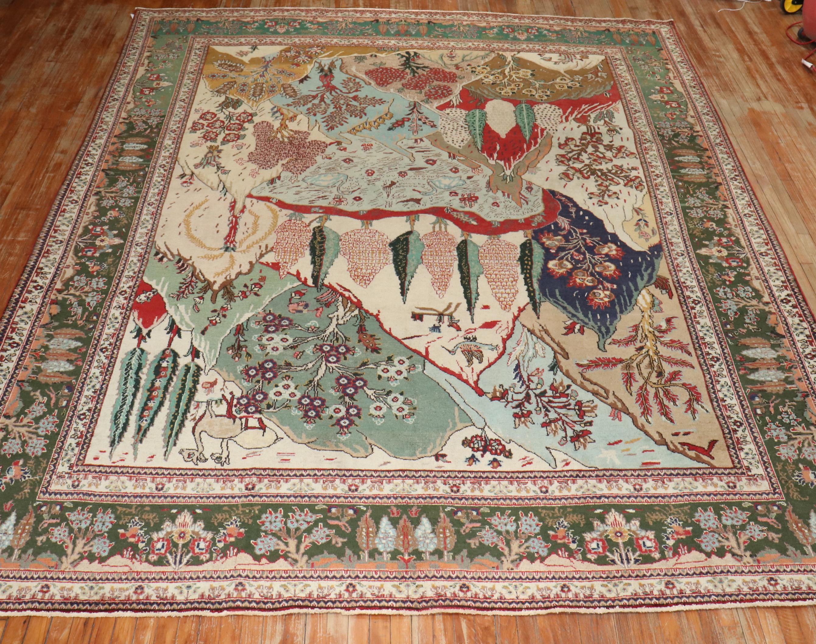 Zabihi Collection Vintage Persian Tabriz Pictorial Scene Carpet For Sale 1