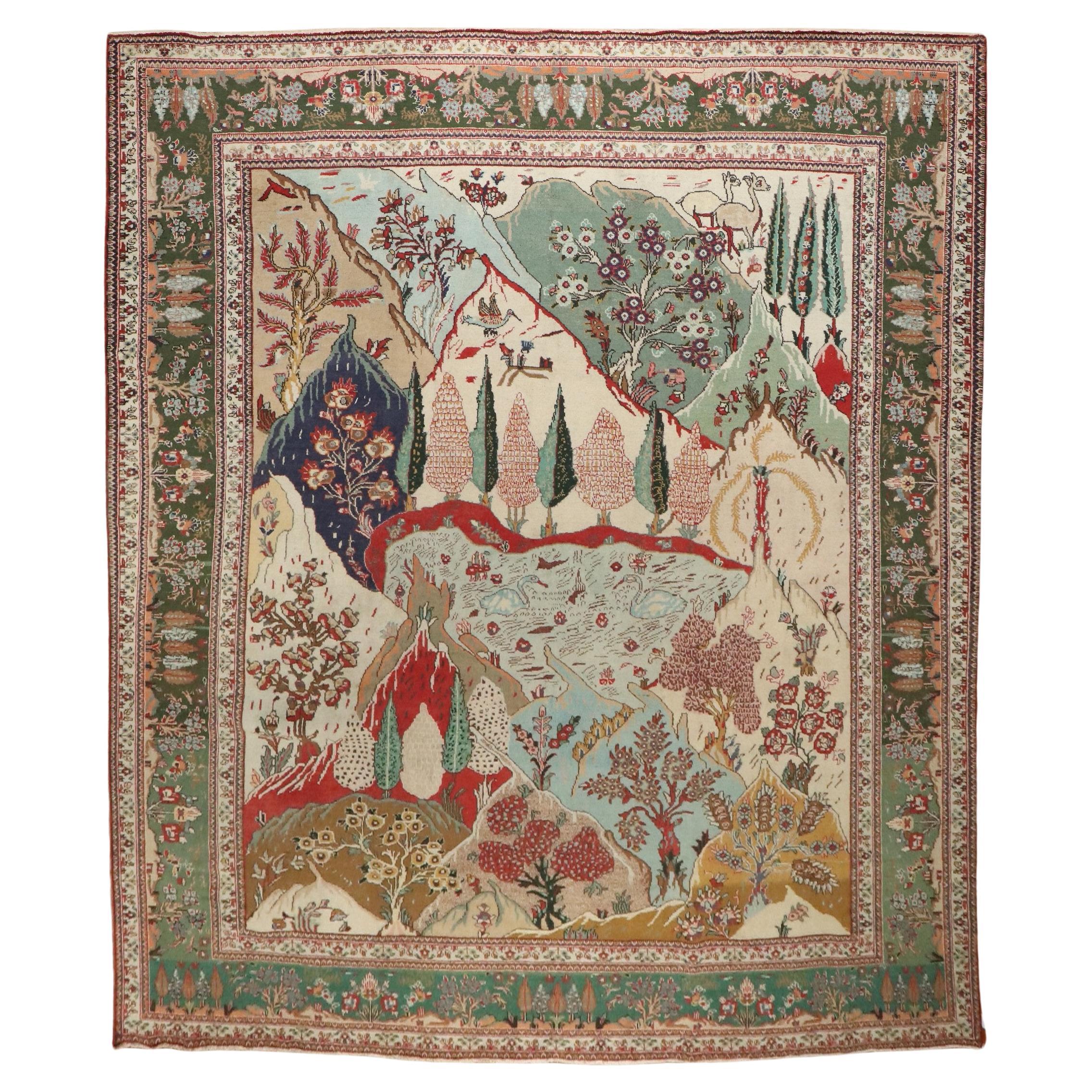 Zabihi Collection Vintage Persian Tabriz Pictorial Scene Carpet For Sale