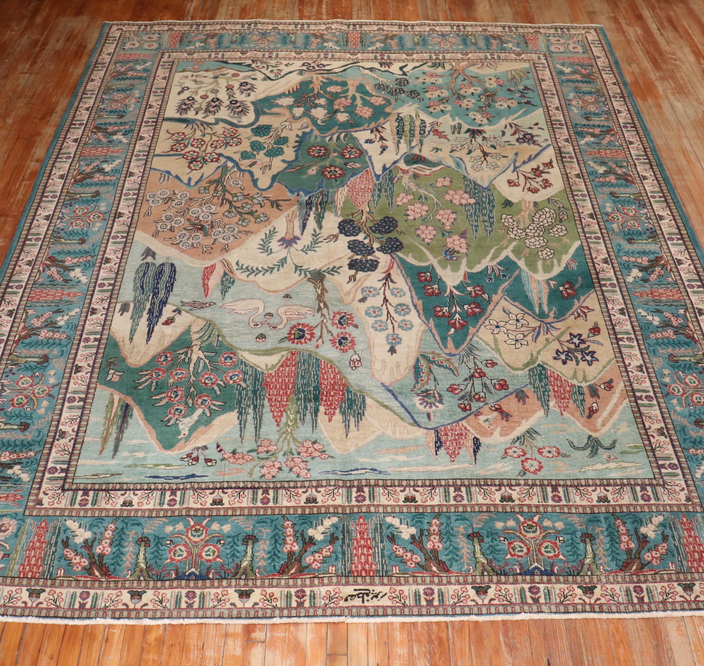 XX secolo Zabihi Collection Tappeto persiano d'epoca Tabriz pittorico in vendita