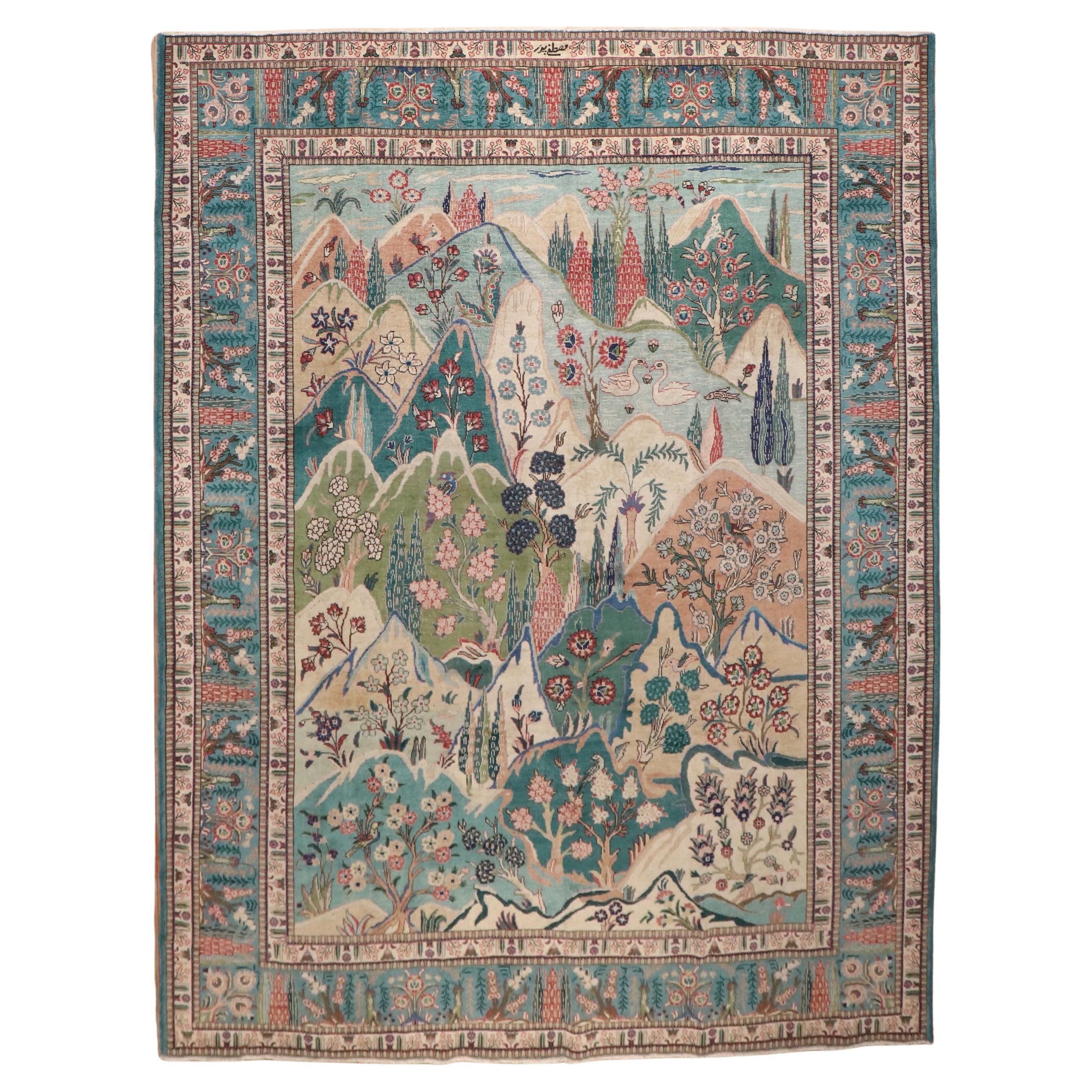 Zabihi Collection Vintage Persian Tabriz Pictorial Scenic Carpet