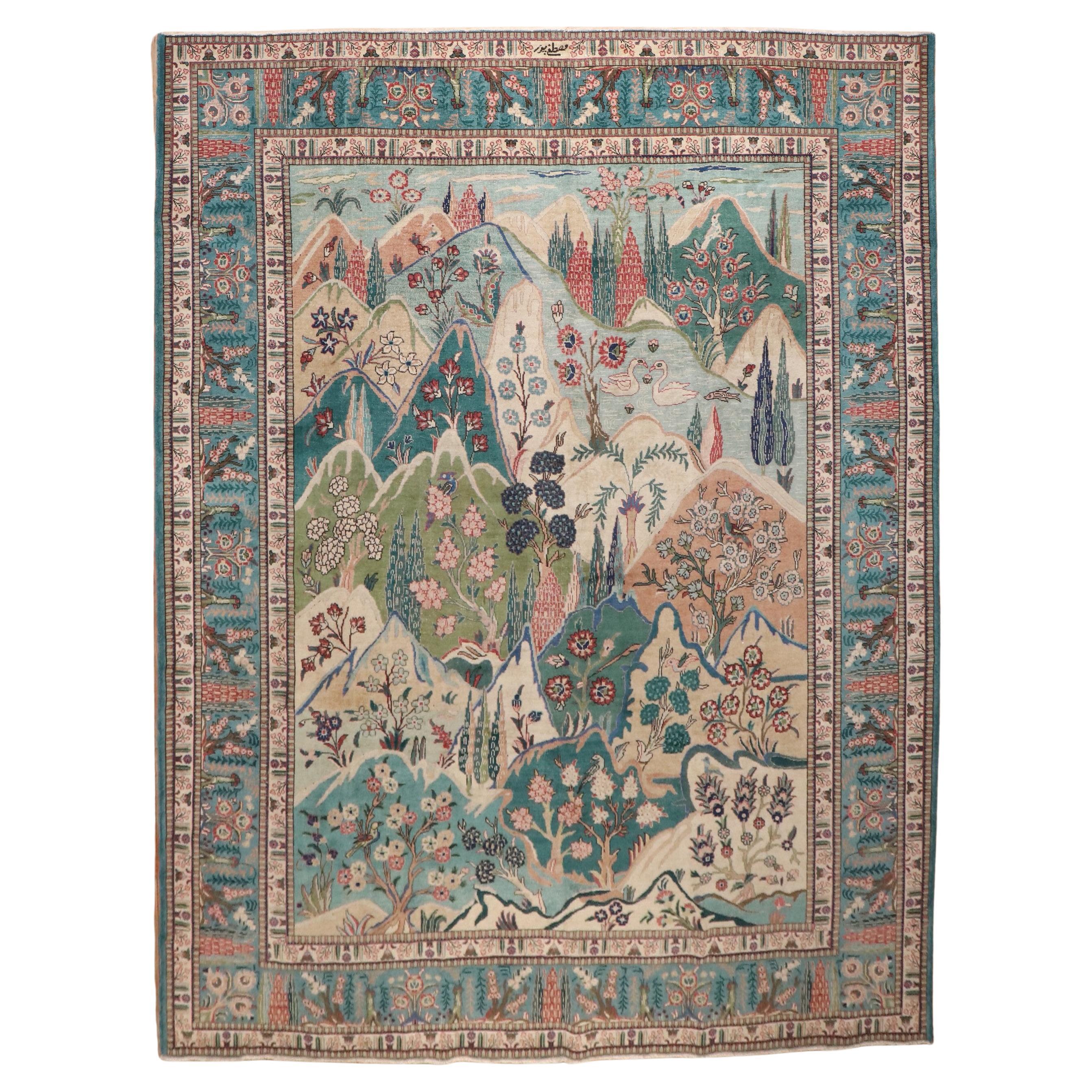 Colección Zabihi Alfombra Persa Vintage Tabriz Pictórica Escénica