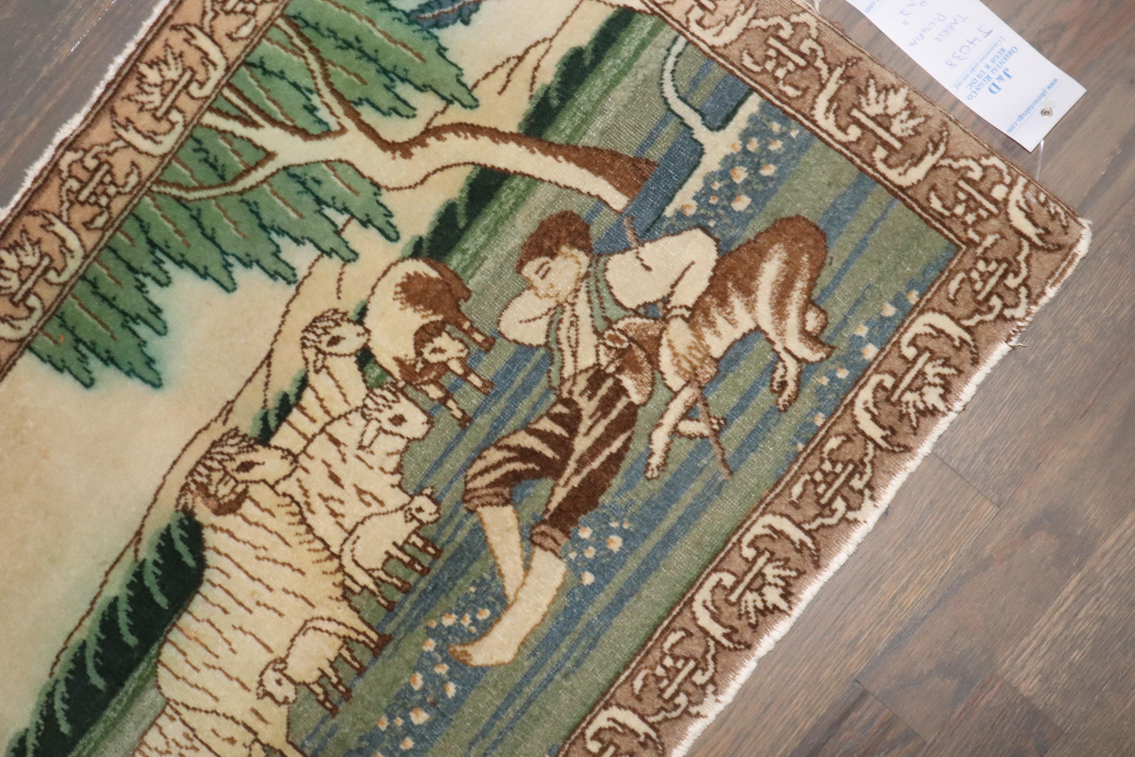 Zabihi Collection Vintage Persian Tabriz Sheep Pictorial Rug In Good Condition For Sale In New York, NY