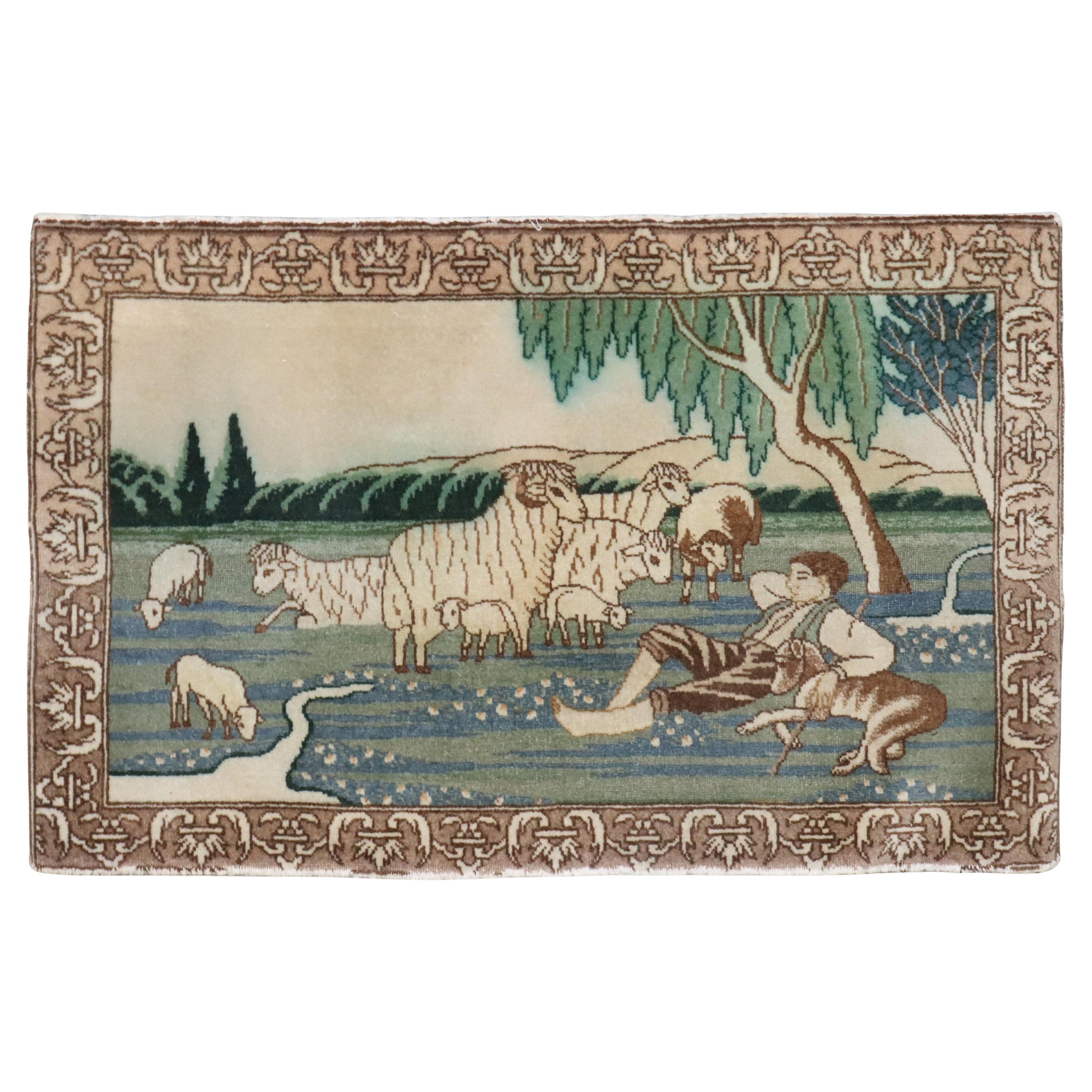 Zabihi Collection Vintage Persian Tabriz Sheep Pictorial Rug For Sale