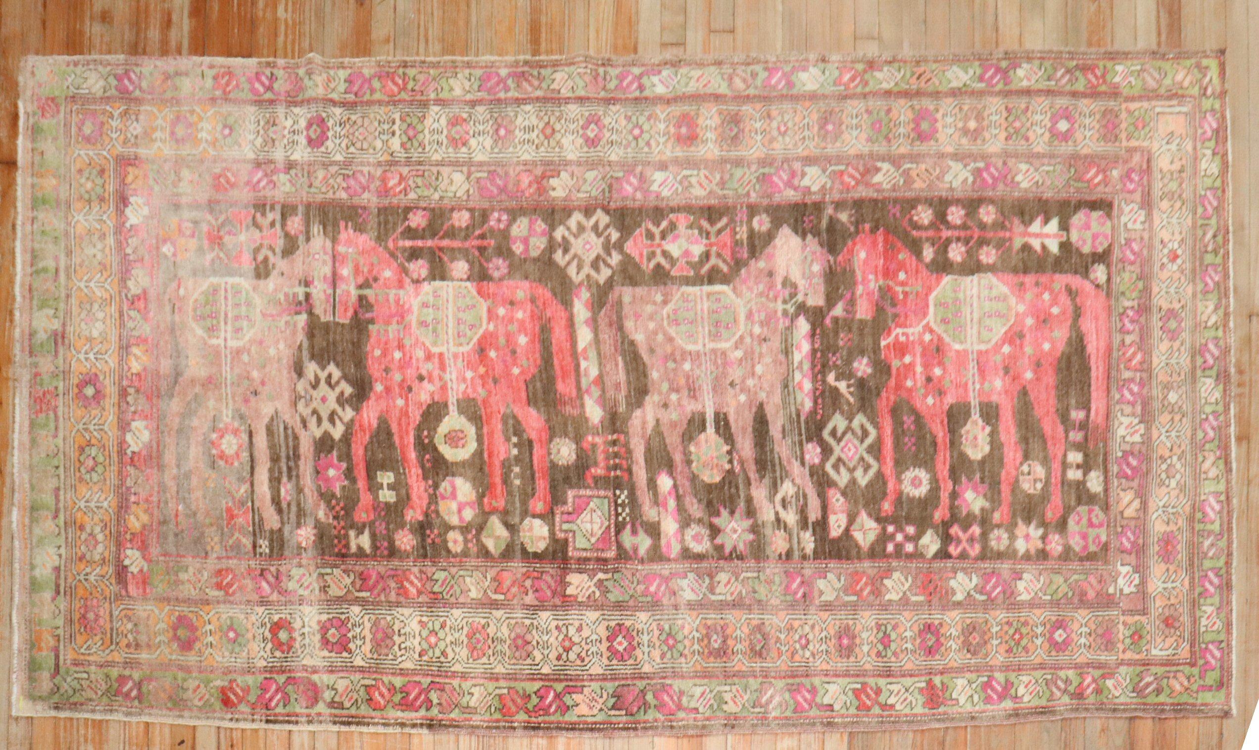 Hand-Woven Zabihi Collection Vintage Pictorial Horse Karabagh Rug For Sale