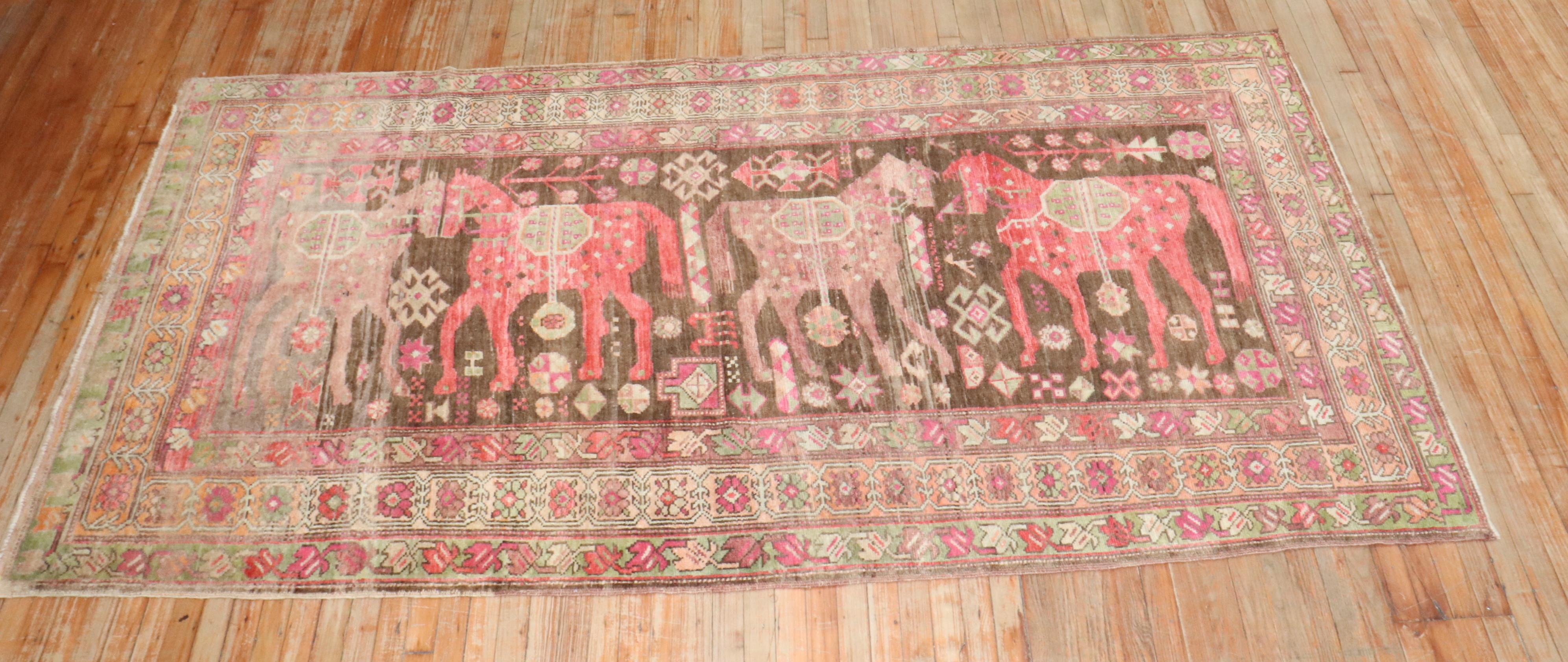 Zabihi Collection Vintage Pictorial Horse Karabagh Rug In Good Condition For Sale In New York, NY