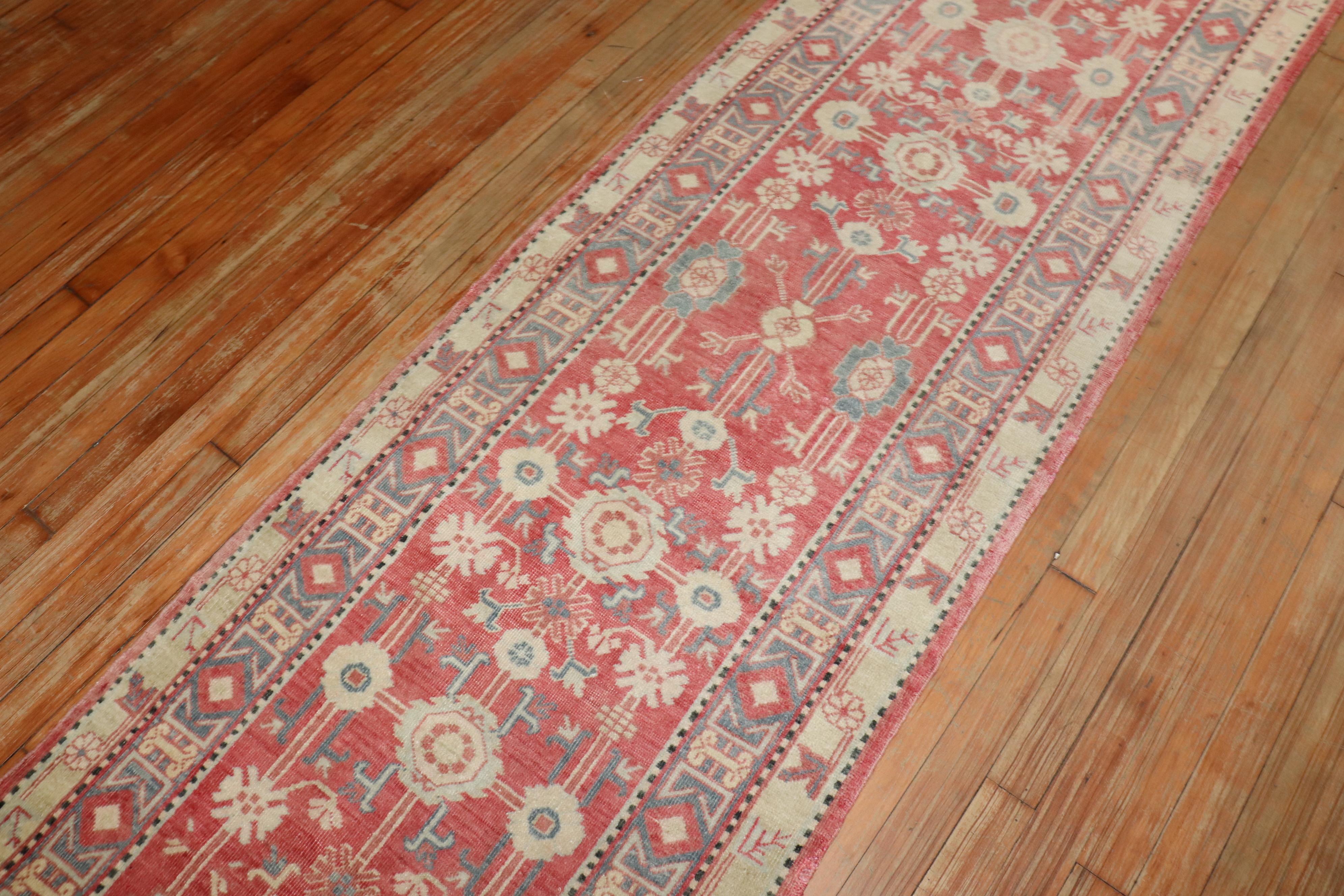 Hand-Knotted Zabihi Collection Vintage Red Khotan Runner For Sale