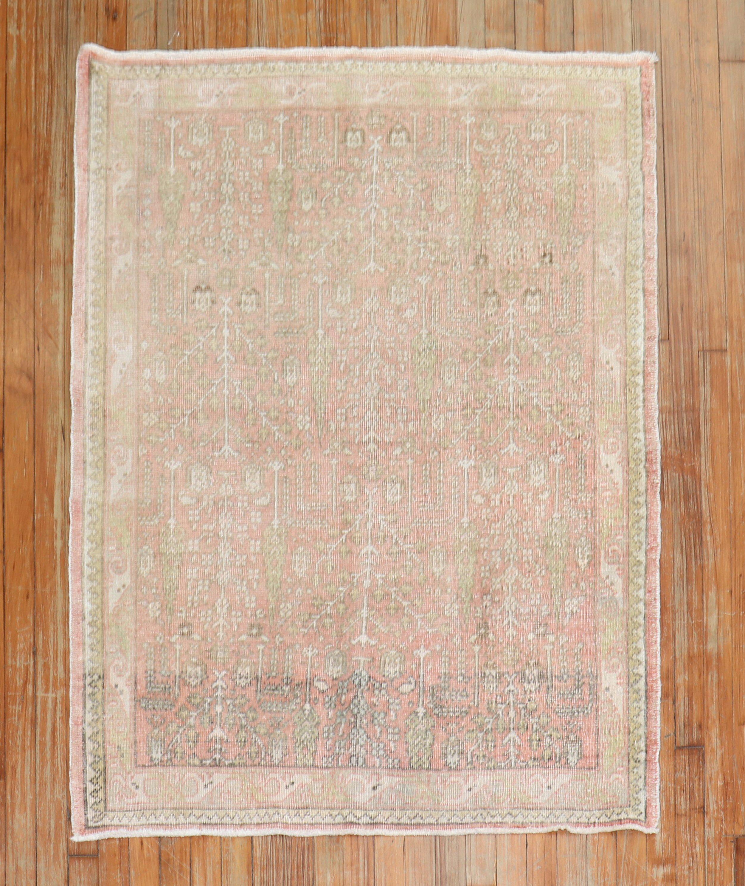 
Scatter-size Turkish Oushak Rug with an all-over tree design on a soft pink field from the 1930's

Details
rug no.	j2331
size	3' 8