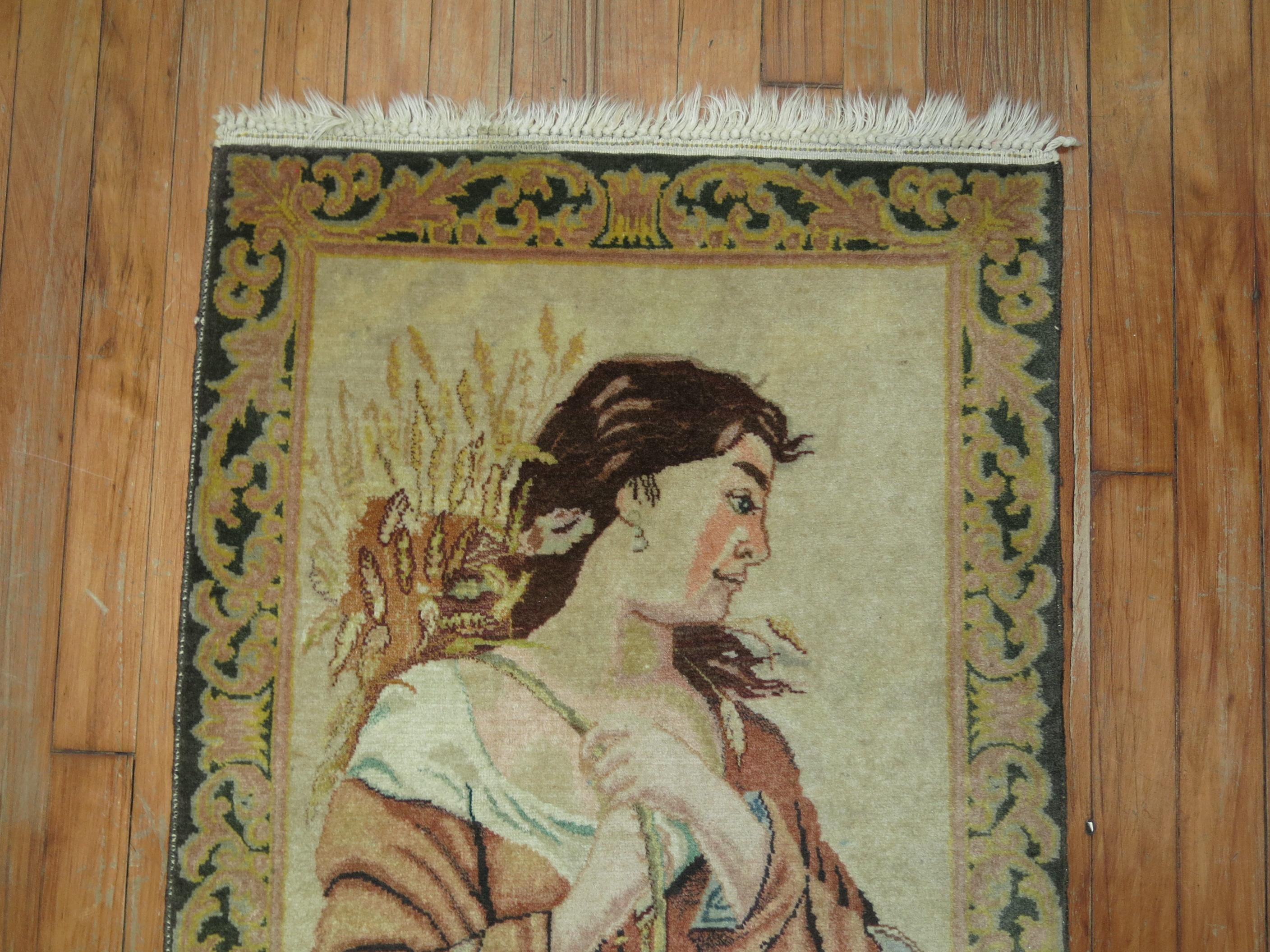 Colección Zabihi Alfombra Tabriz Vintage Retrato Pictórico de Dama Persa en venta
