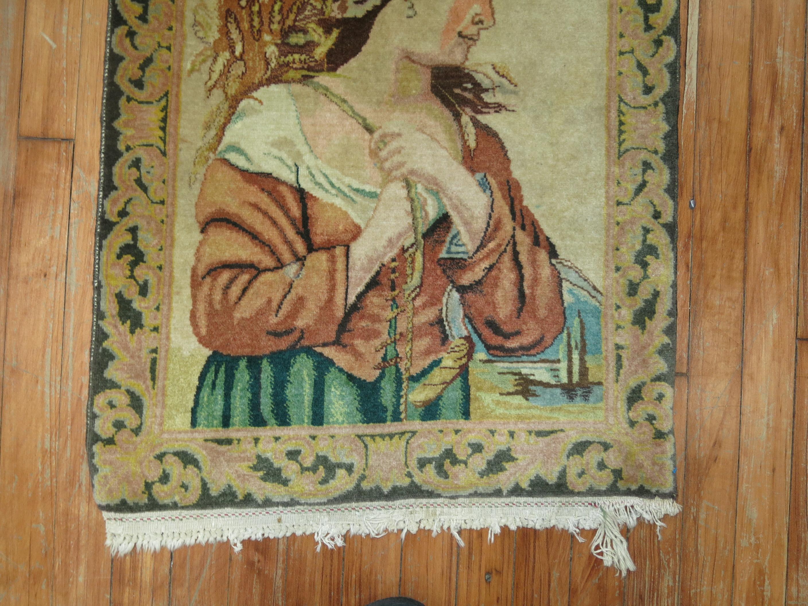 Colección Zabihi Alfombra Tabriz Vintage Retrato Pictórico de Dama en Bueno estado para la venta en New York, NY