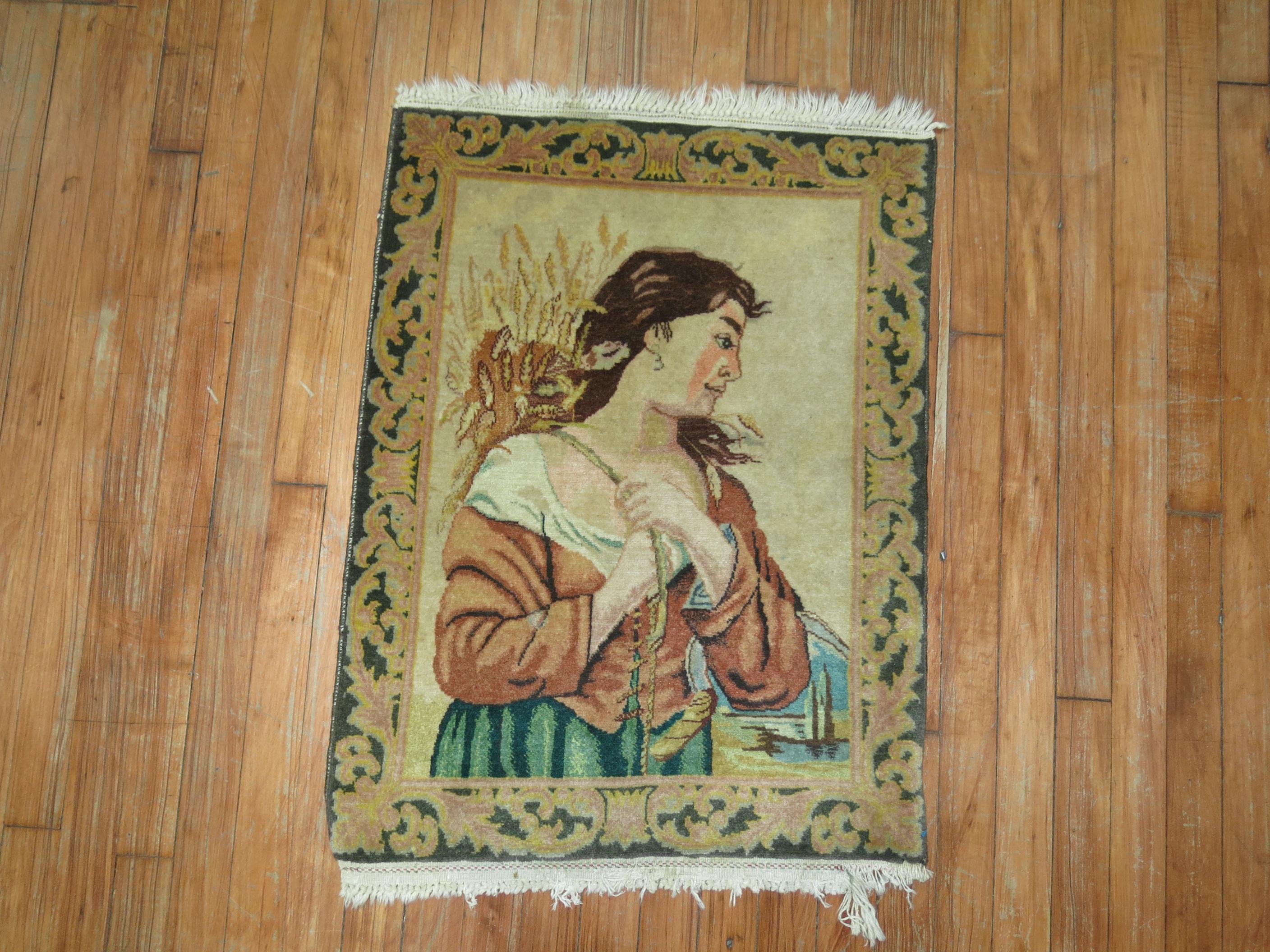Colección Zabihi Alfombra Tabriz Vintage Retrato Pictórico de Dama siglo XX en venta
