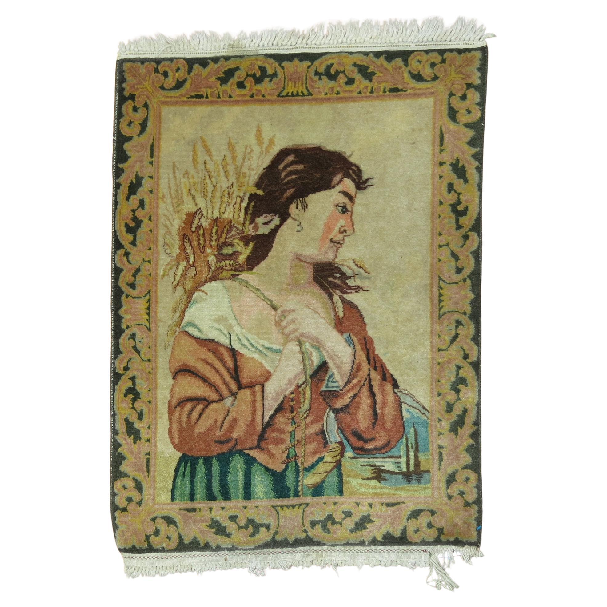 Zabihi Collection Vintage Tabriz Pictorial Lady Portrait Rug