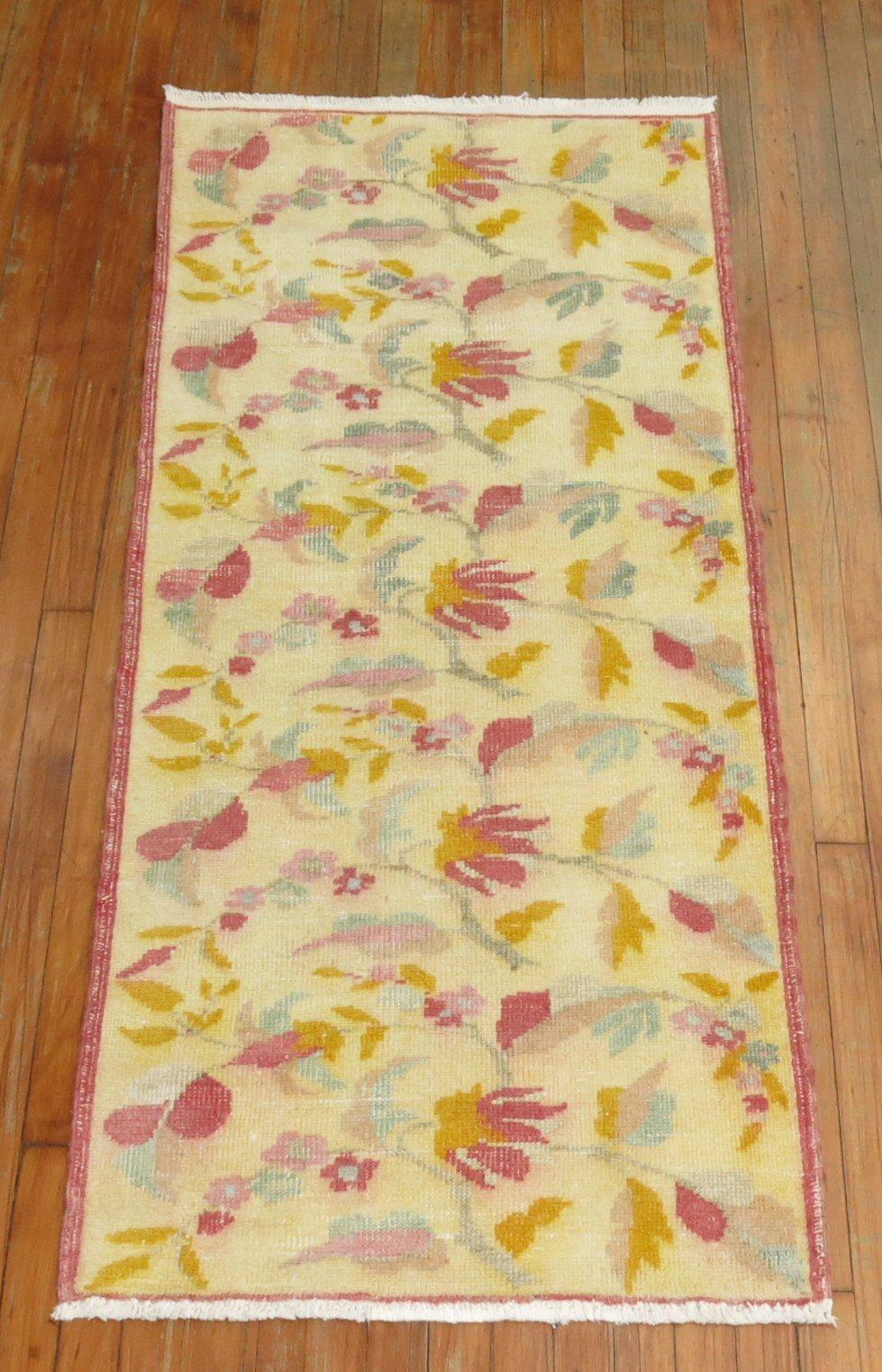 Wool Zabihi Collection Vintage Turkish Anatolian Floral Small Runner  For Sale