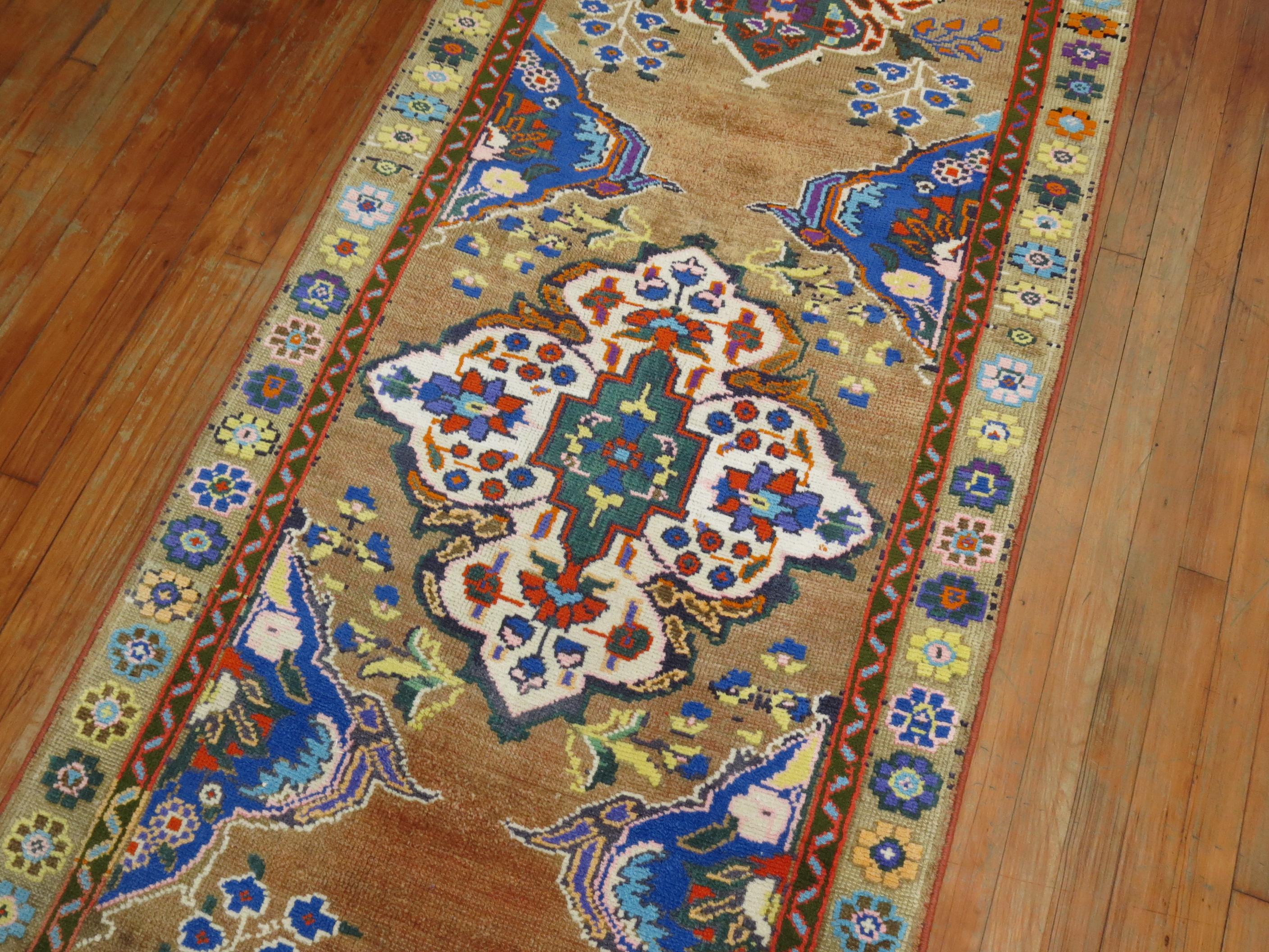 Un colorato corridore turco-anatolico della metà del XX secolo. Una tavolozza formale con colori intensi su un fondo color cammello

Dettagli
rug no.	31329
dimensione	3' 3