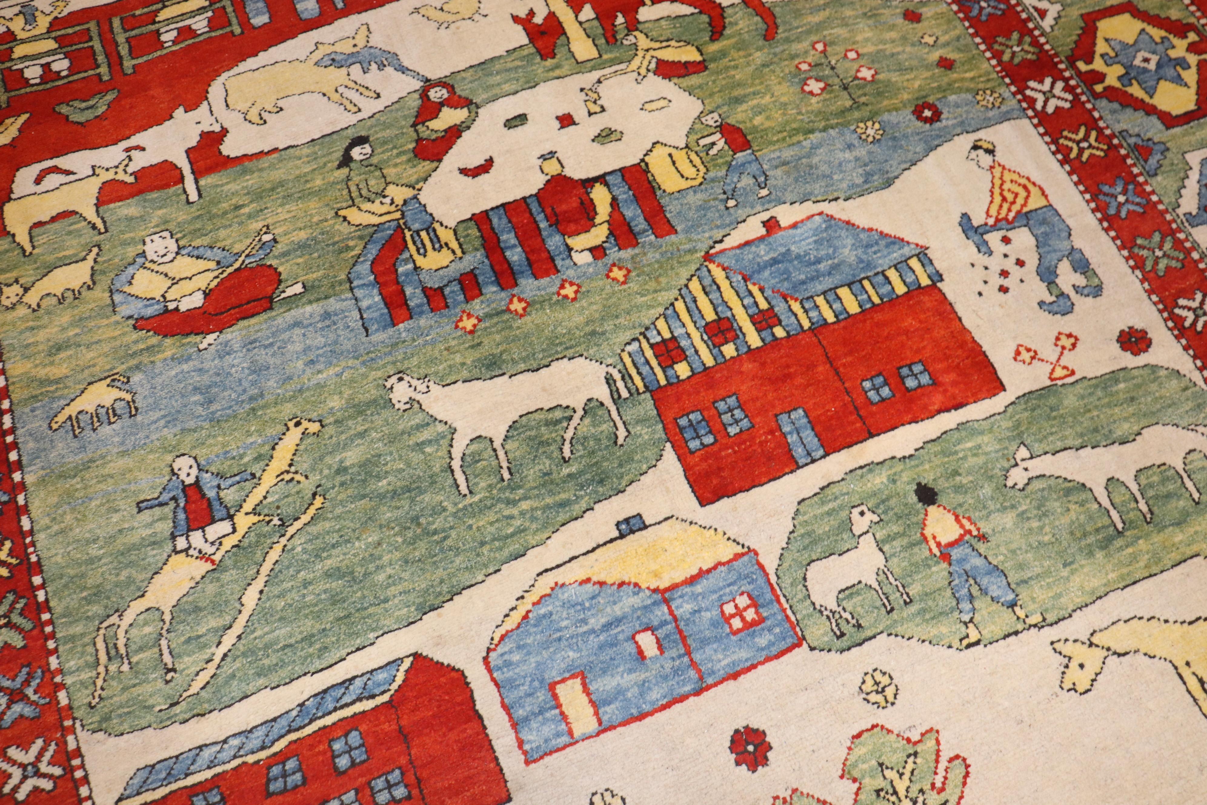 Folk Art Zabihi Collection Vintage Turkish Azari Animal Scenic Rug For Sale