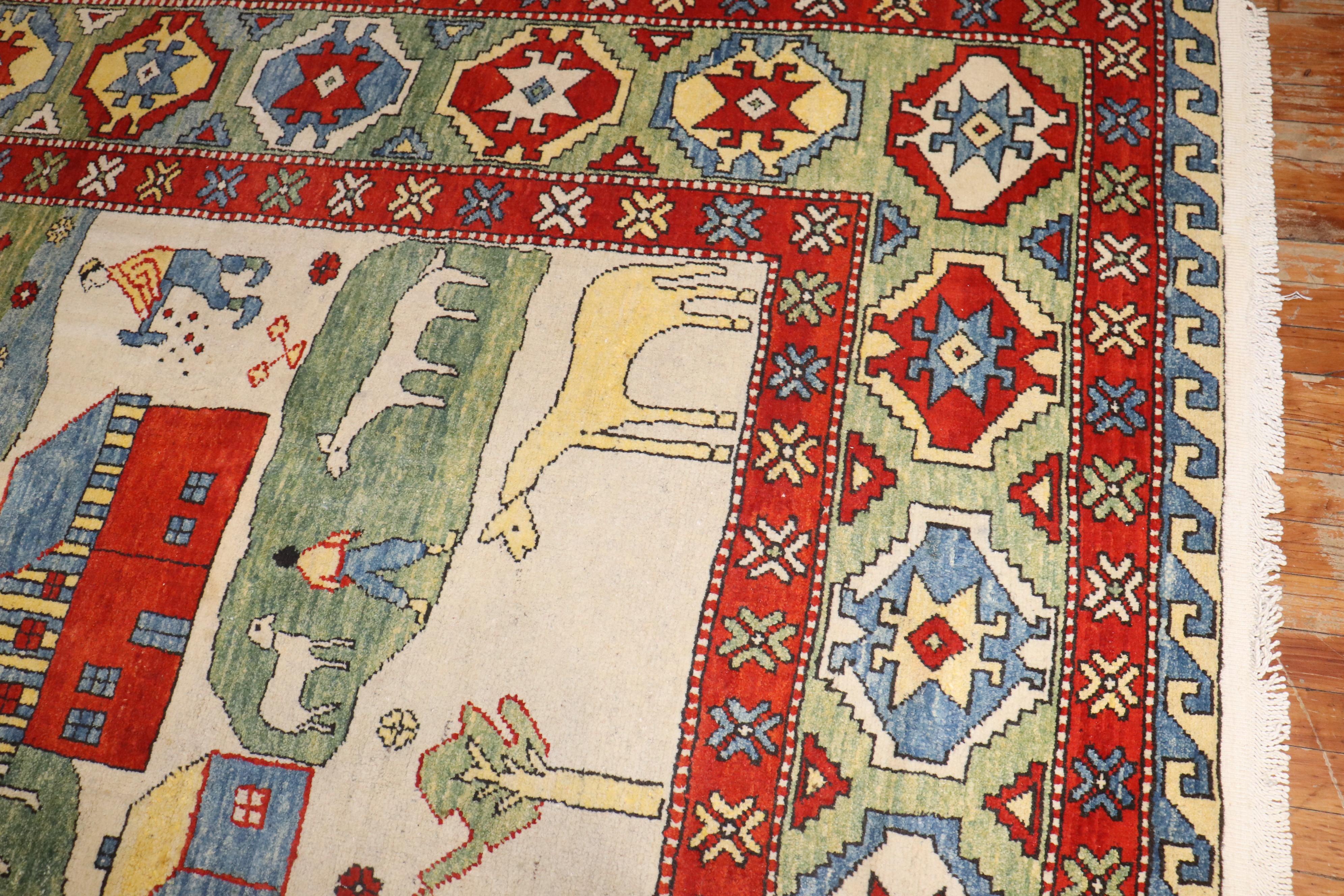 Hand-Woven Zabihi Collection Vintage Turkish Azari Animal Scenic Rug For Sale