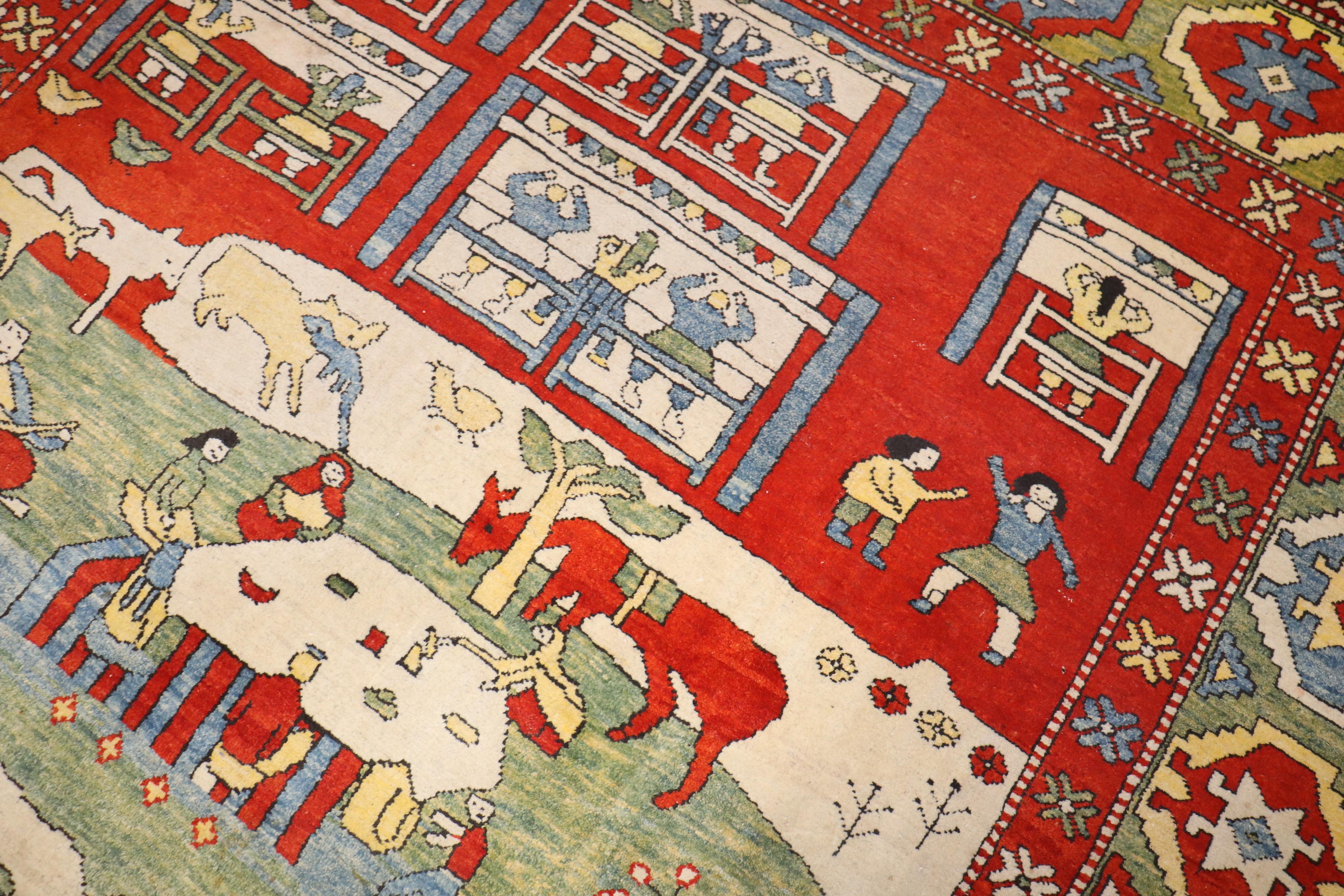 20th Century Zabihi Collection Vintage Turkish Azari Animal Scenic Rug For Sale