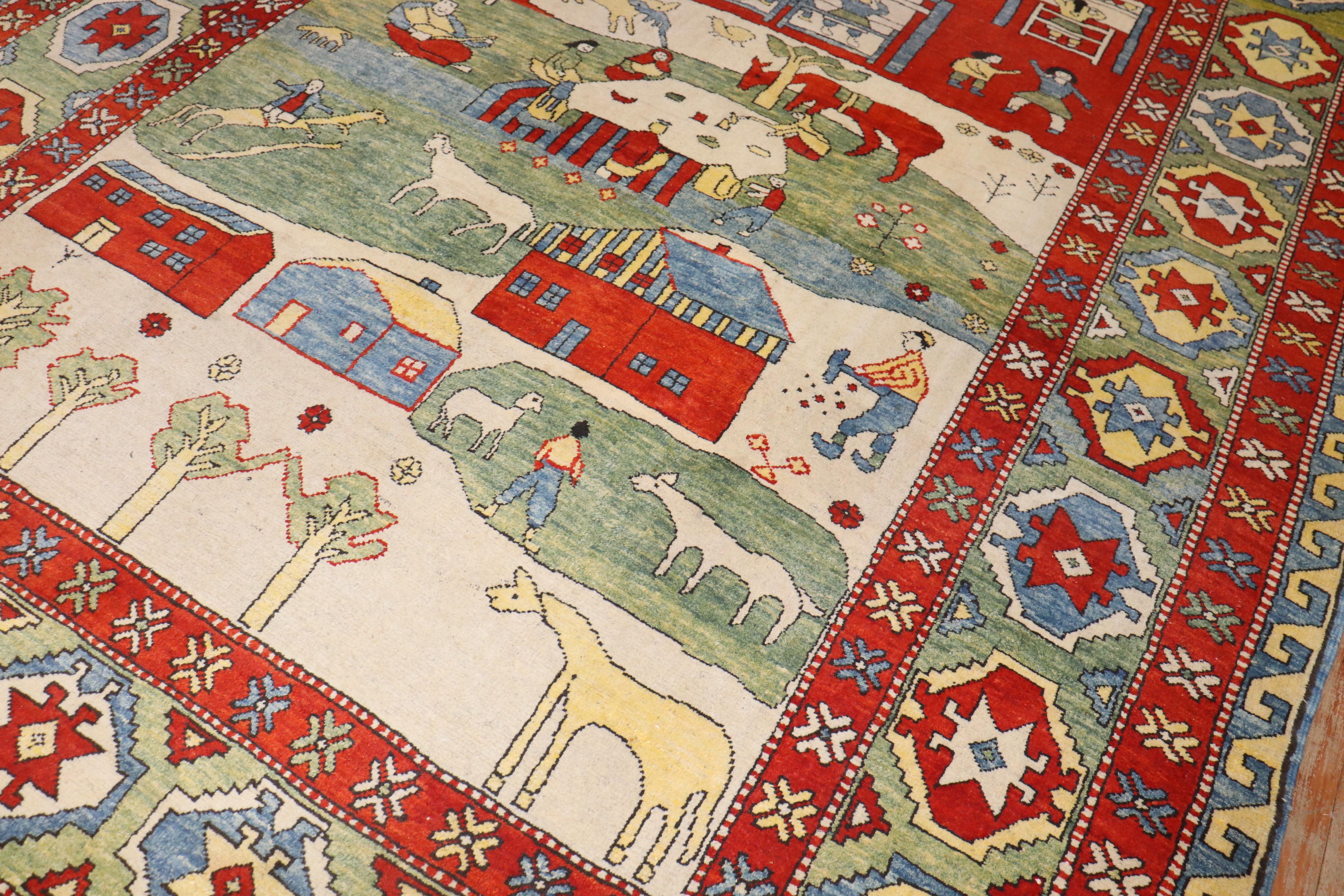 Wool Zabihi Collection Vintage Turkish Azari Animal Scenic Rug For Sale