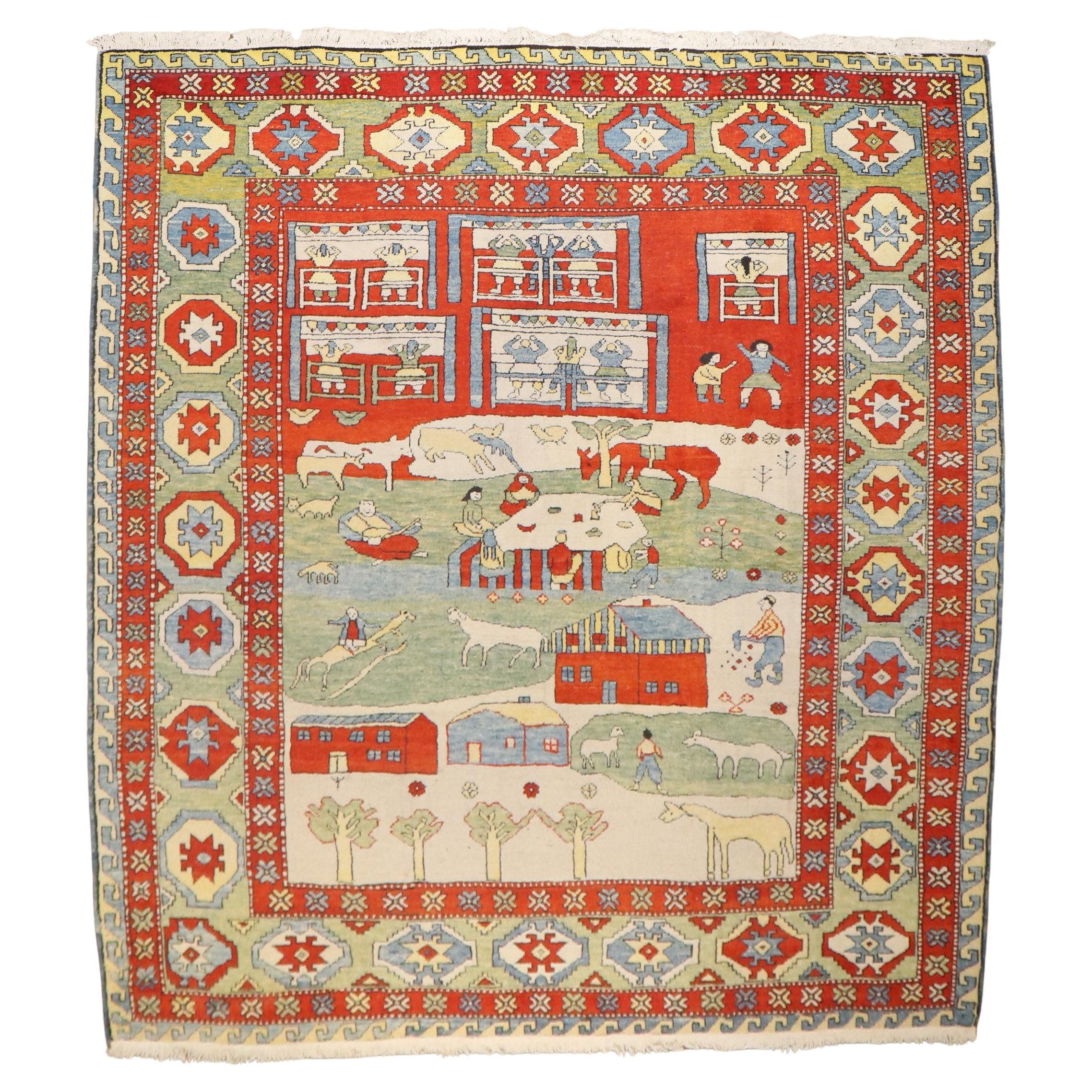 Zabihi Collection Vintage Turkish Azari Animal Scenic Rug
