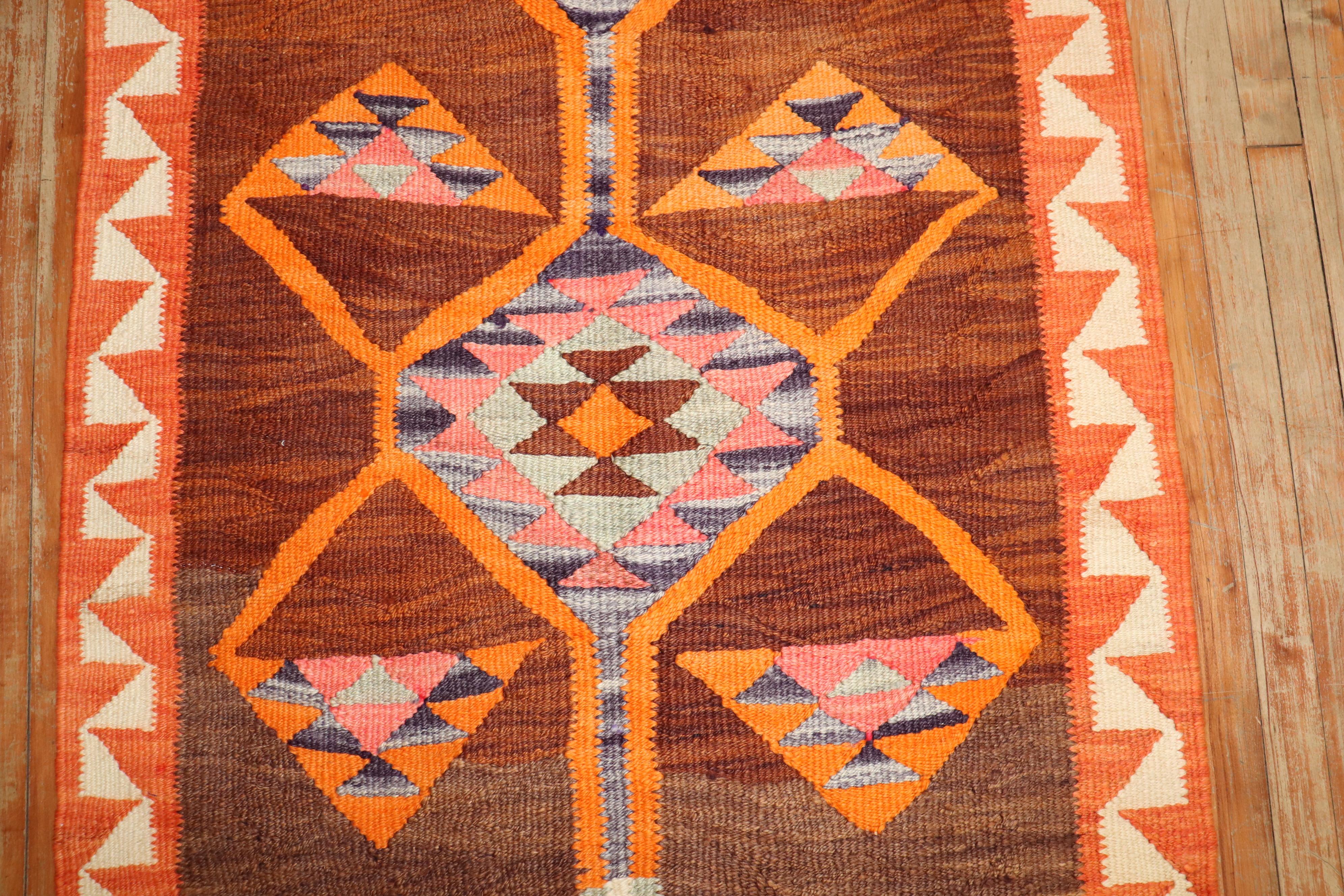 Hand-Knotted Zabihi Collection Vintage Turkish Geometric Kilim Runner For Sale