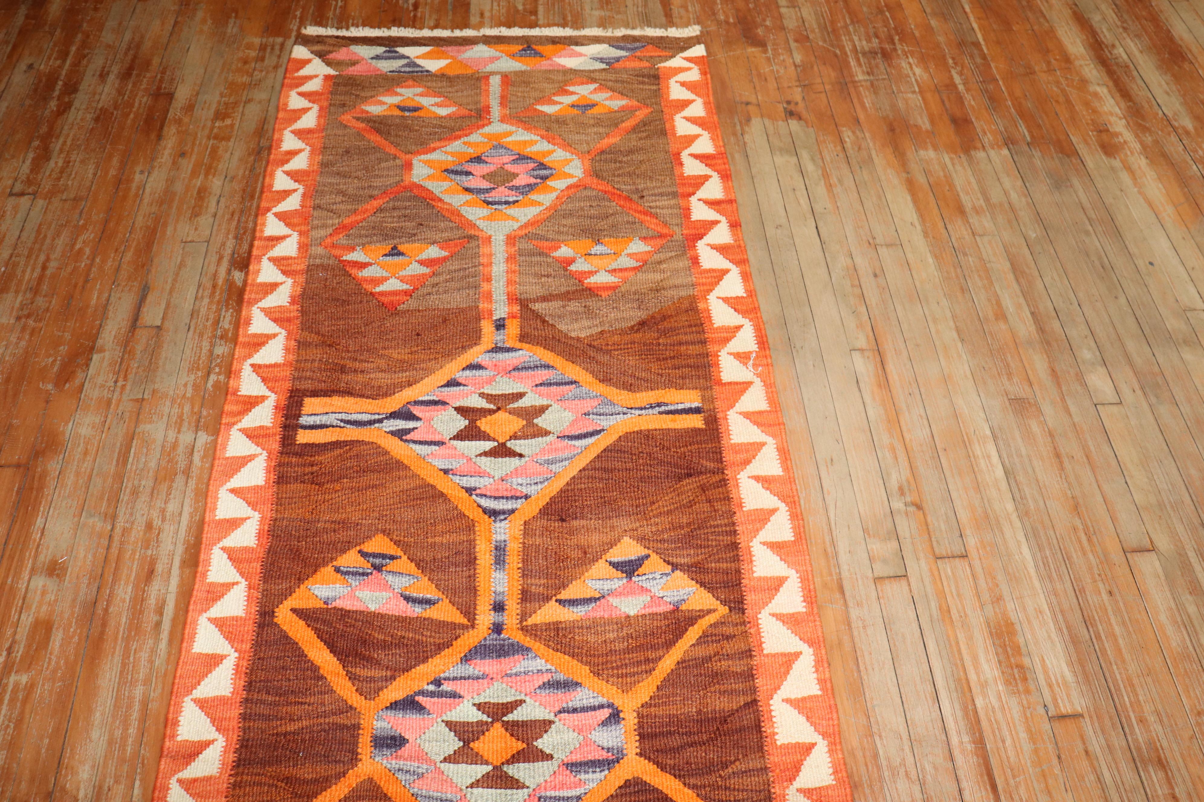 Zabihi Collection Vintage Turkish Geometric Kilim Runner In Good Condition For Sale In New York, NY
