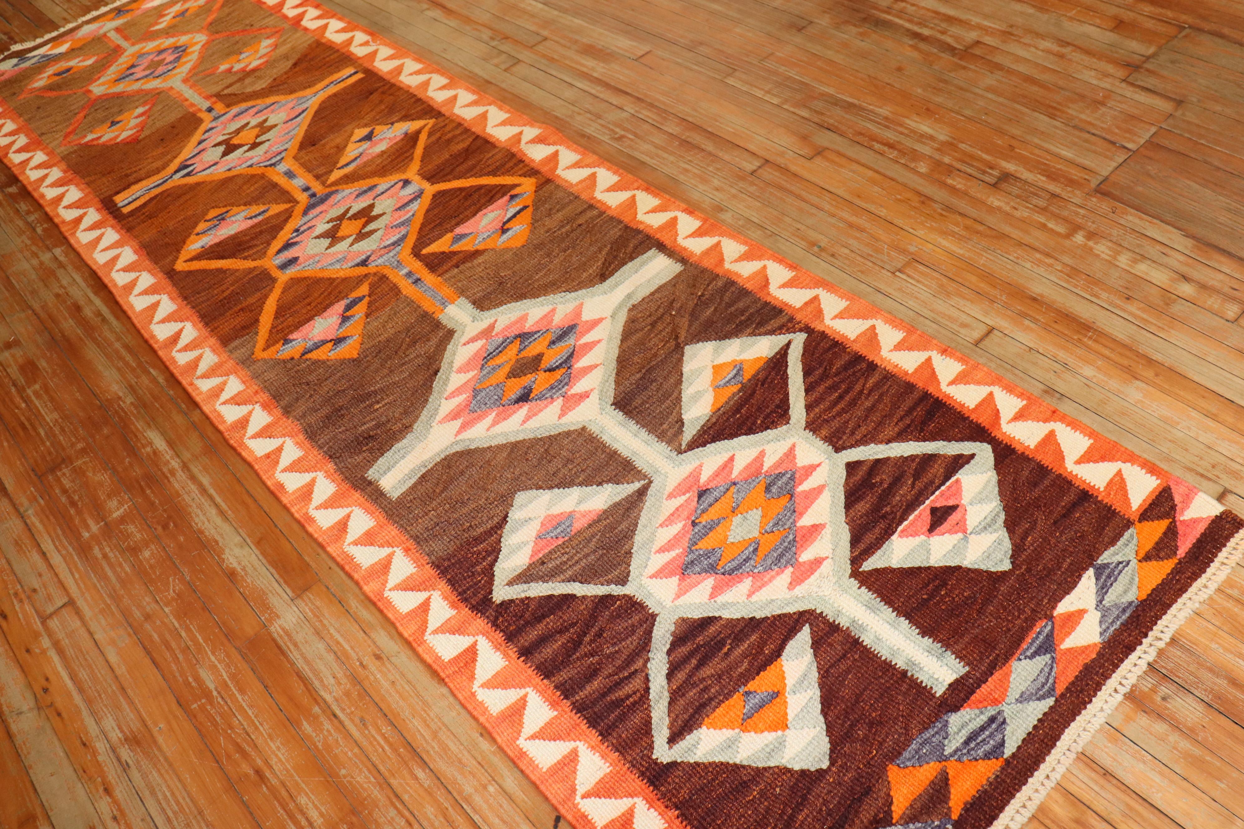 20th Century Zabihi Collection Vintage Turkish Geometric Kilim Runner For Sale
