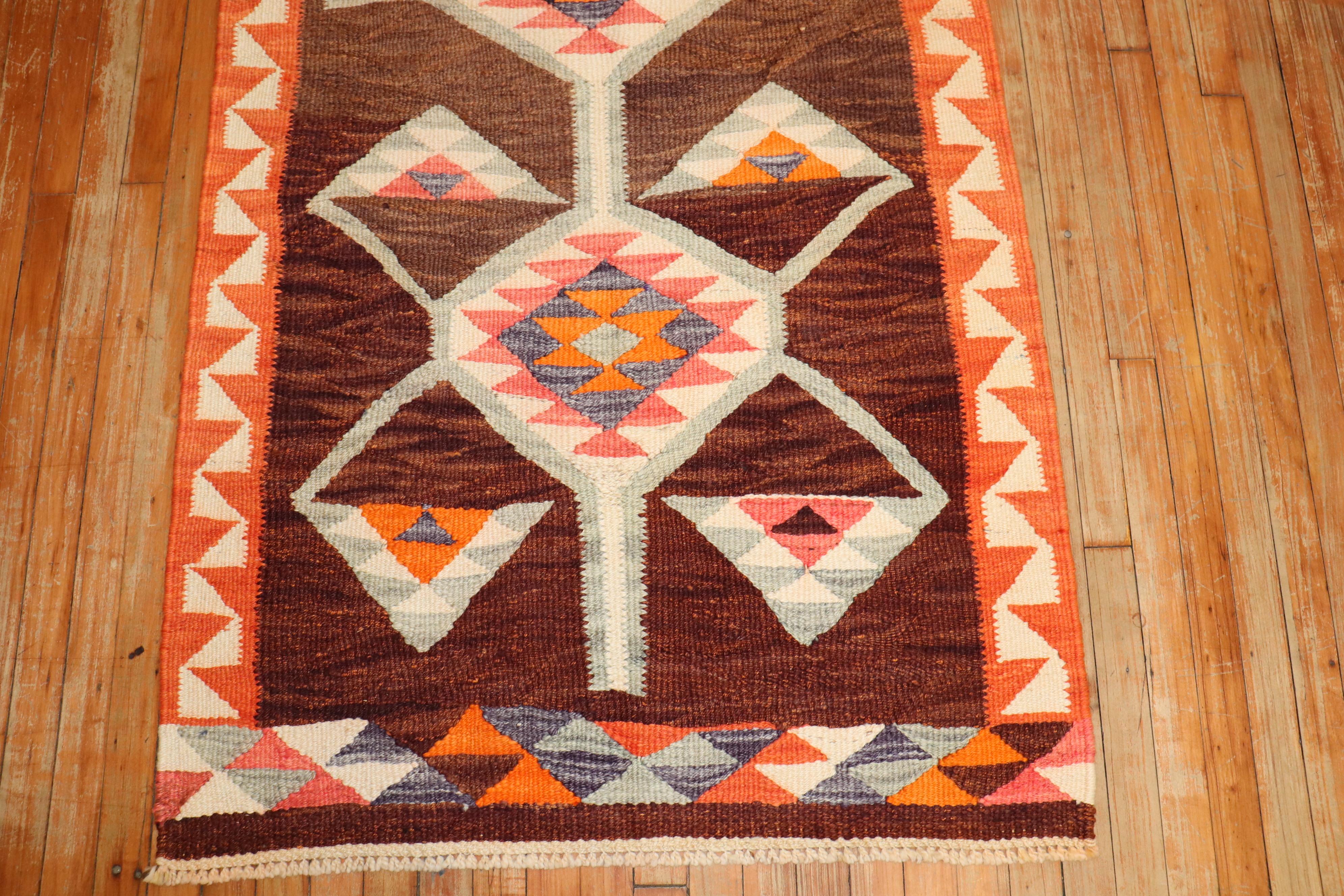 Wool Zabihi Collection Vintage Turkish Geometric Kilim Runner For Sale