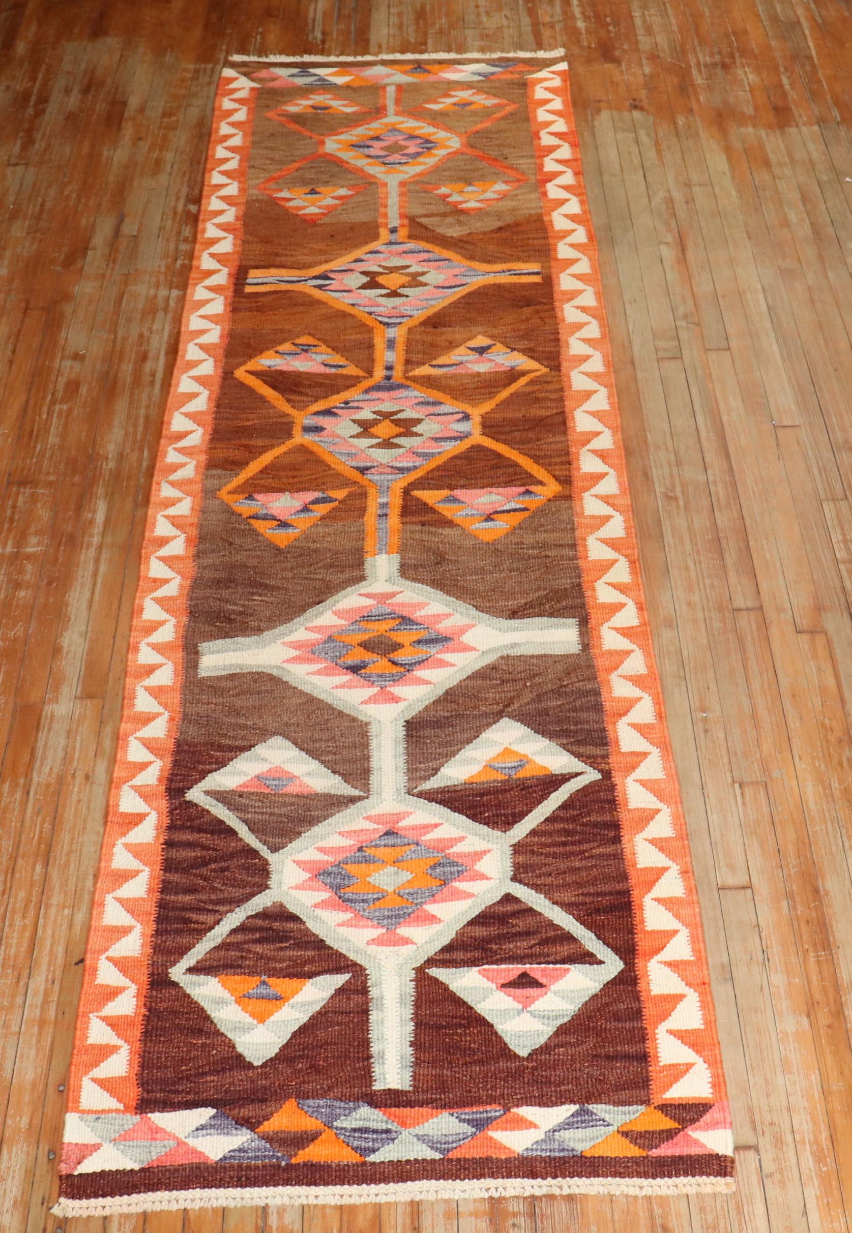 Zabihi Collection Vintage Turkish Geometric Kilim Runner For Sale 1