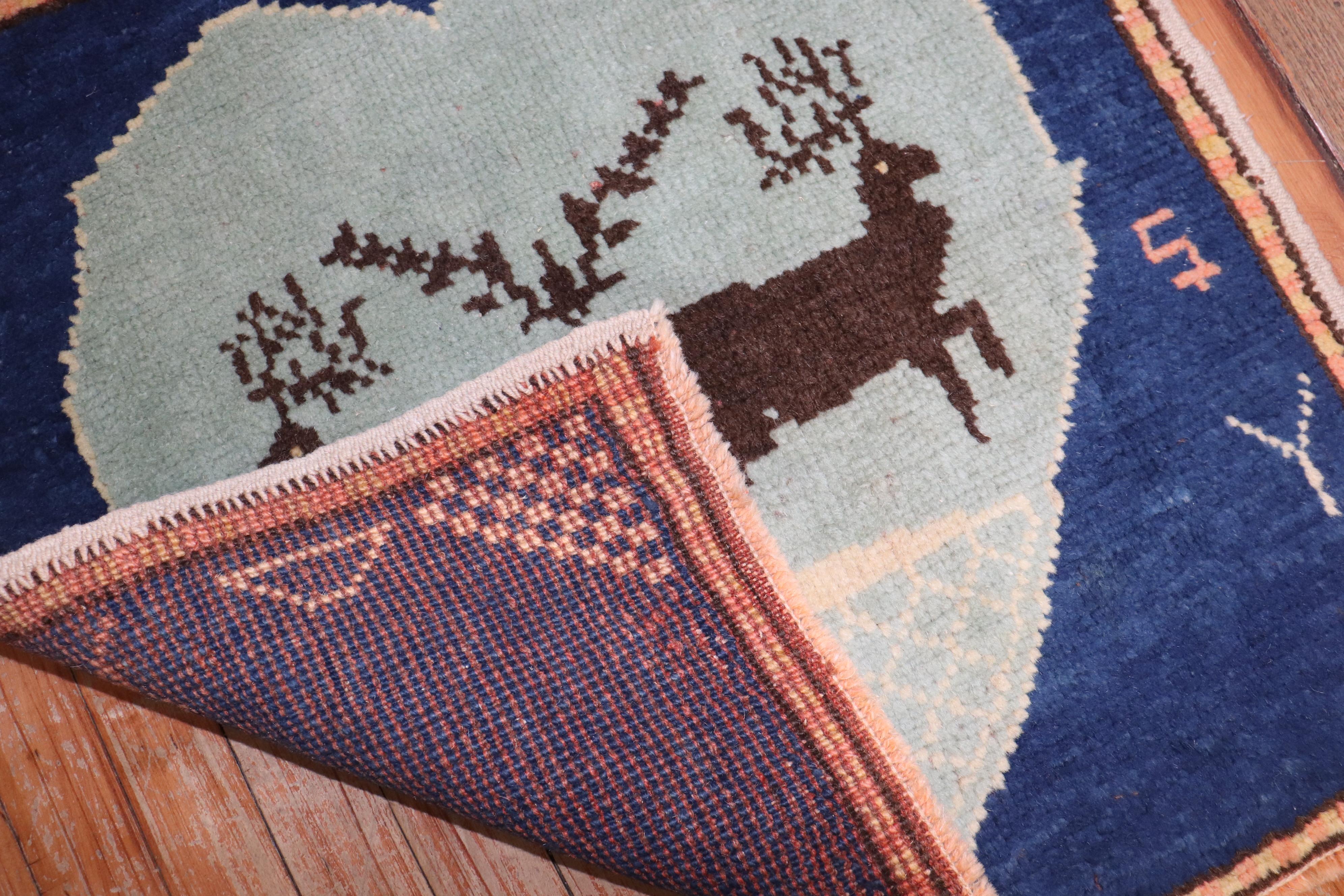 Folk Art Zabihi Collection Vintage Turkish Reindeer Animal Square Throw Rug For Sale