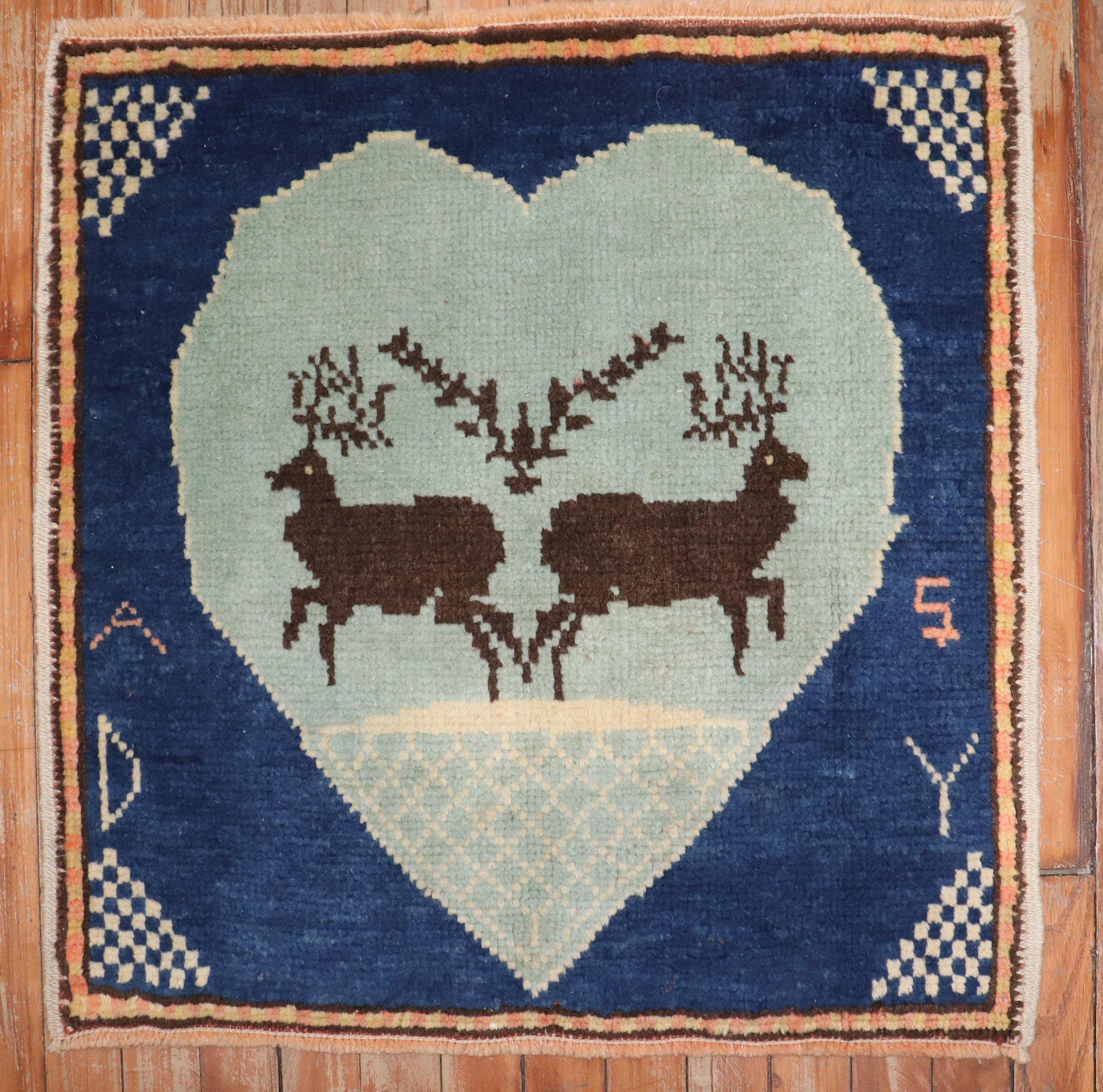 Hand-Knotted Zabihi Collection Vintage Turkish Reindeer Animal Square Throw Rug