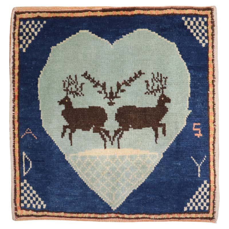 Zabihi Collection Blue Vintage Turkish Reindeer Animal Square Throw Rug ...