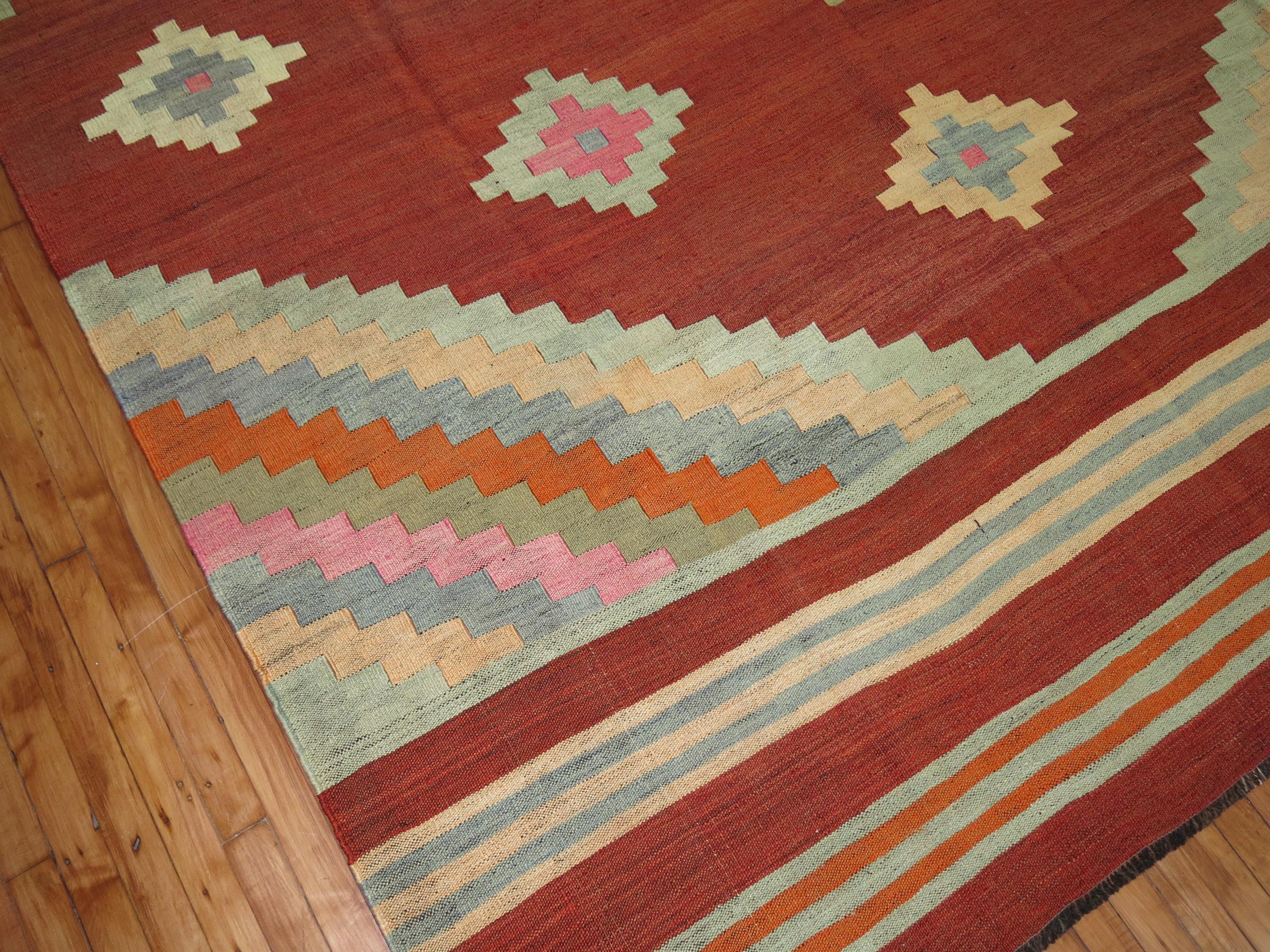 Zabihi Collection Vintage Turkish Room Size Kilim In Good Condition For Sale In New York, NY