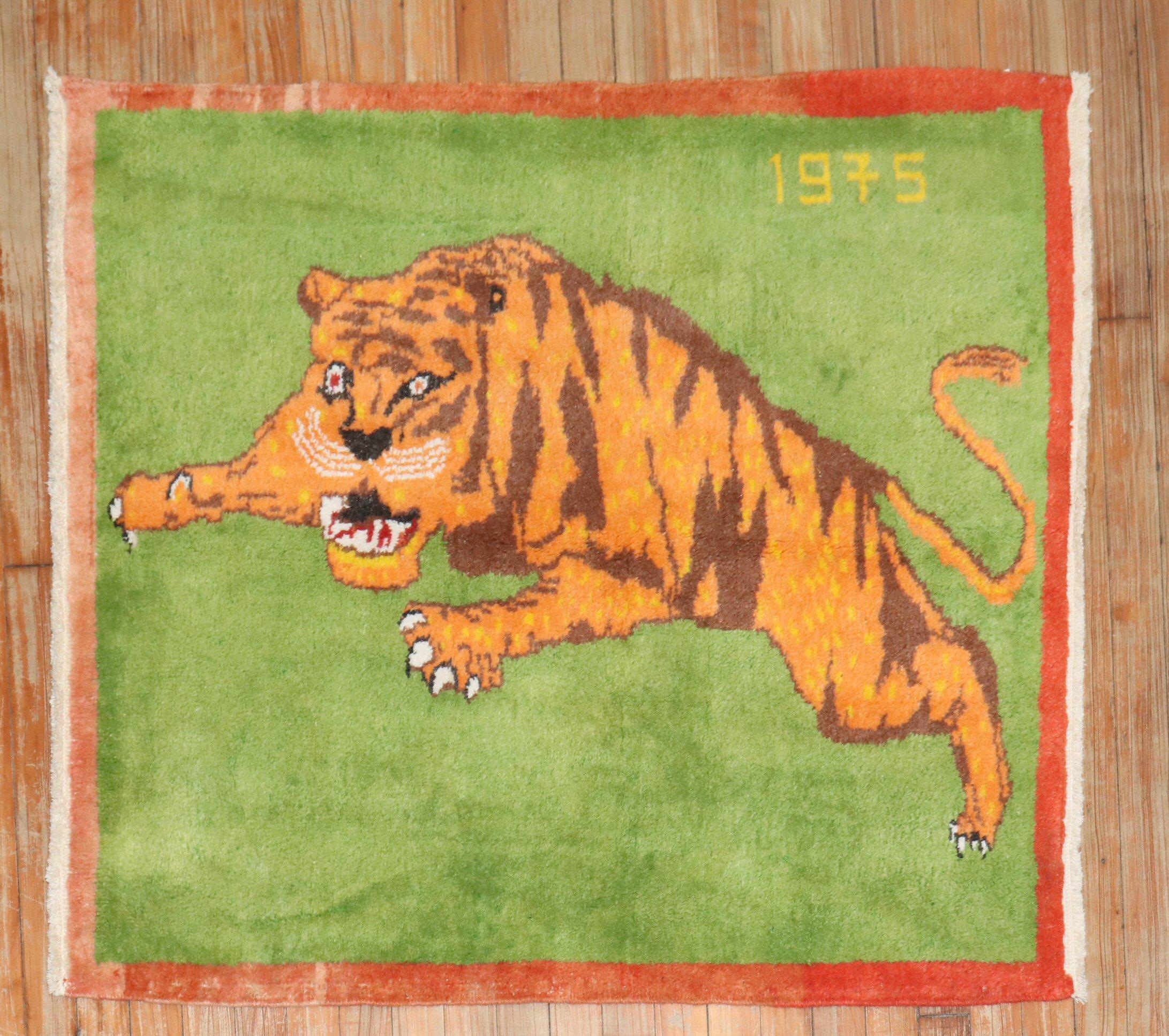 One-of-a-kind Turkish pictorial depicting a tiger on a green ground. RAAARRRR!!! dated 1975

Measures: 3'3'' x 3'8''.