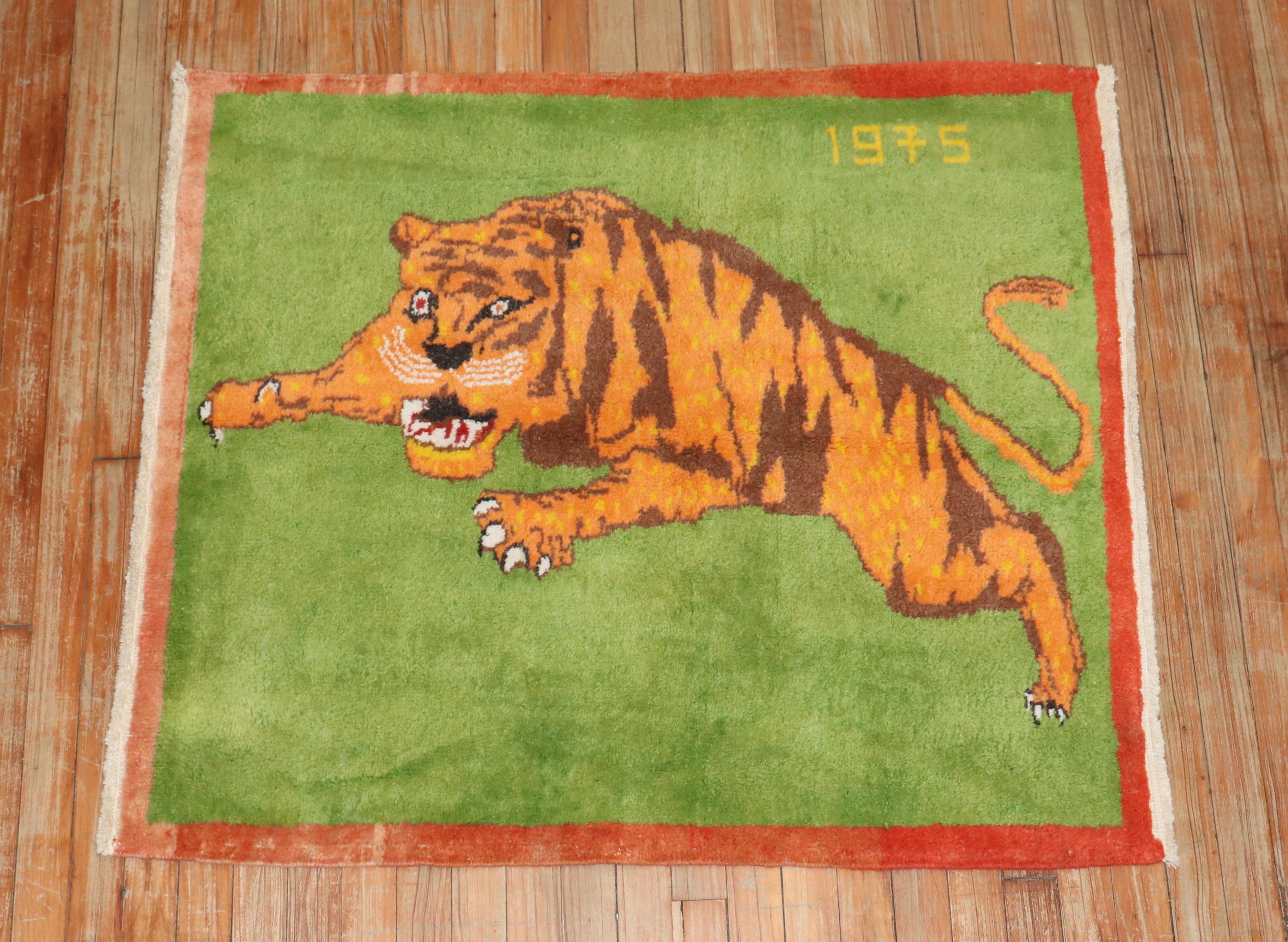 Bohemian Zabihi Collection Vintage Turkish Tiger Pictorial Rug For Sale