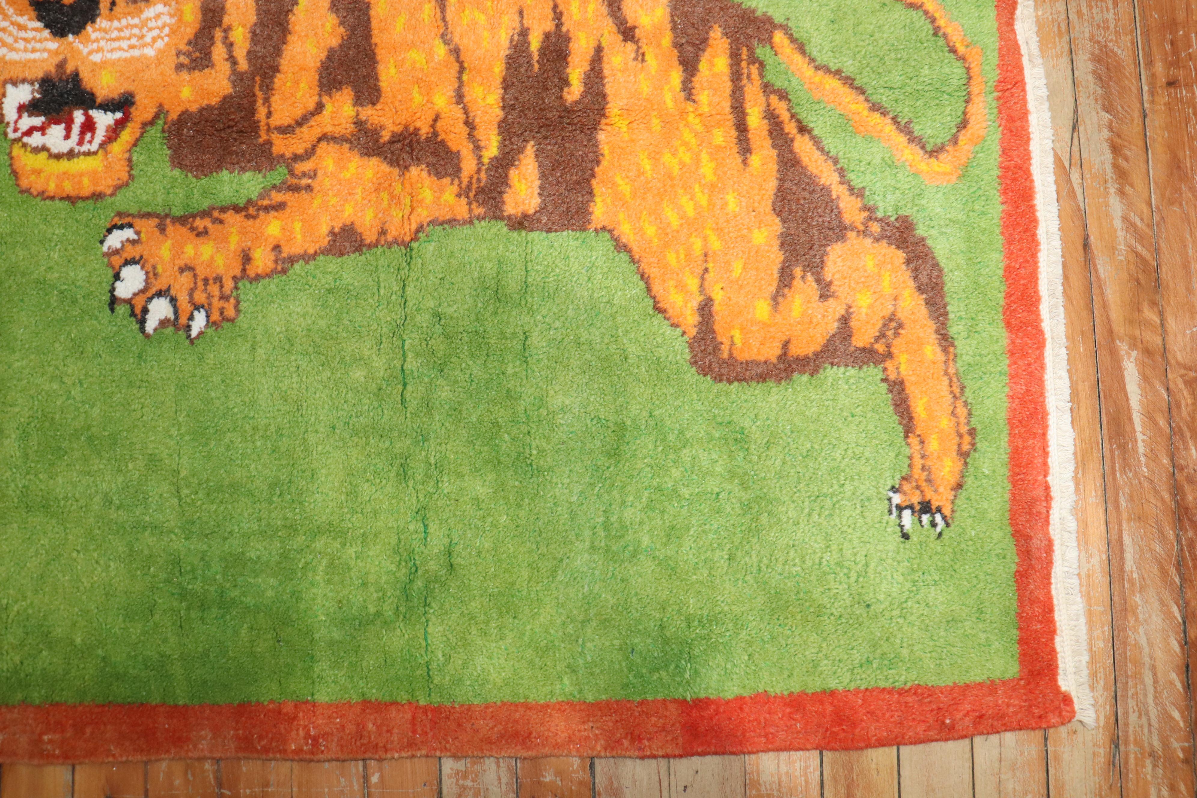 Wool Zabihi Collection Vintage Turkish Tiger Pictorial Rug For Sale