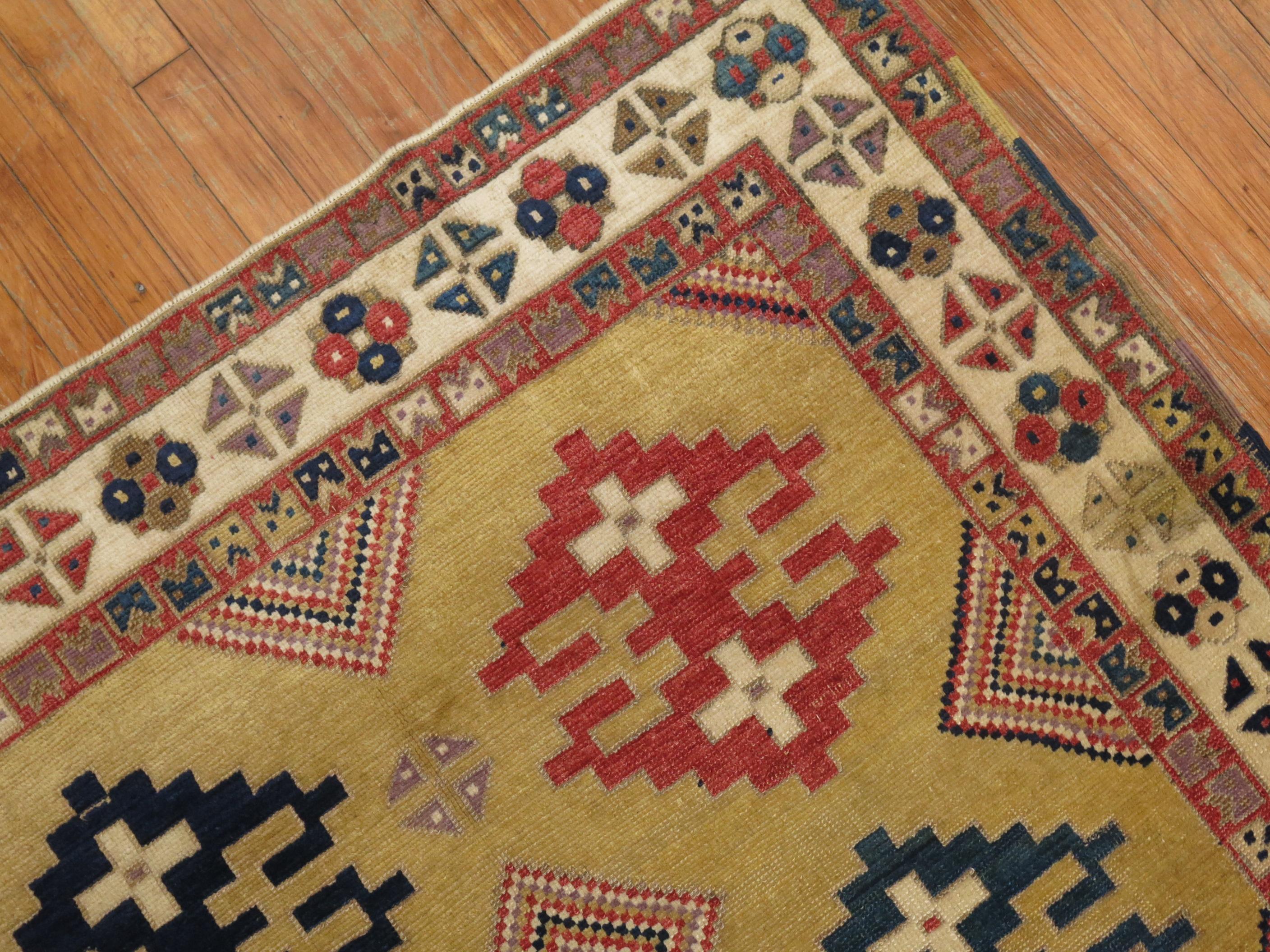 Hand-Knotted Zabihi Collection Vintage Turkish Tribal Caucasian Derived Square Accent Rug For Sale