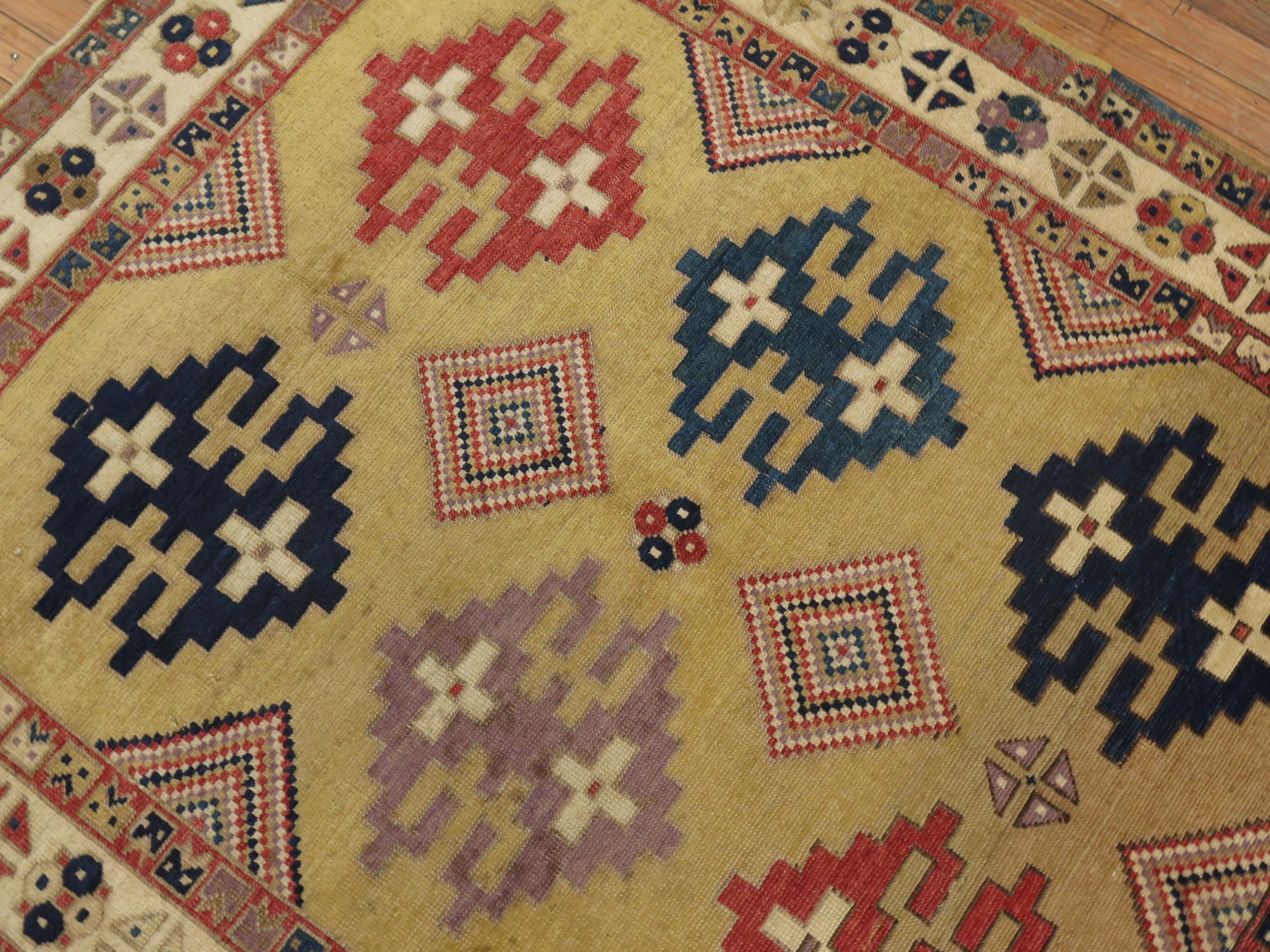 Zabihi Collection Vintage Turkish Tribal Caucasian Derived Square Accent Rug In Good Condition For Sale In New York, NY