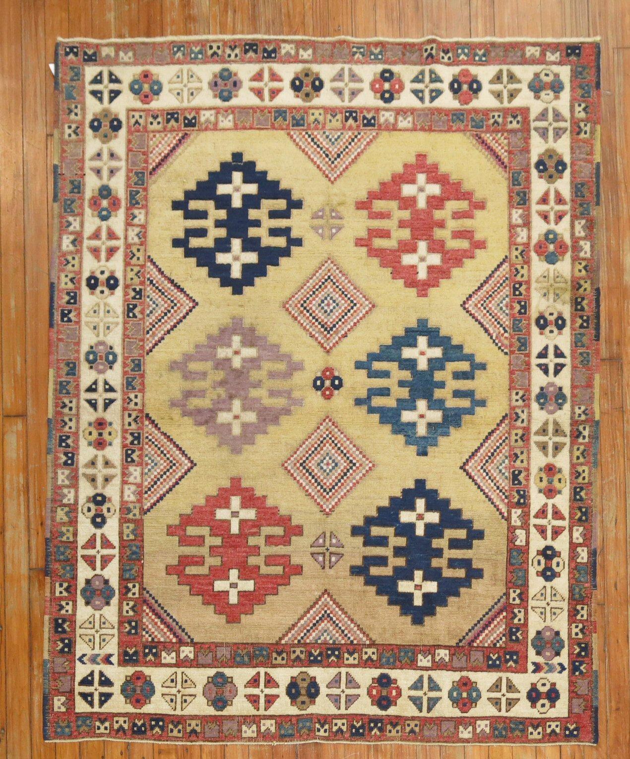 Wool Zabihi Collection Vintage Turkish Tribal Caucasian Derived Square Accent Rug For Sale