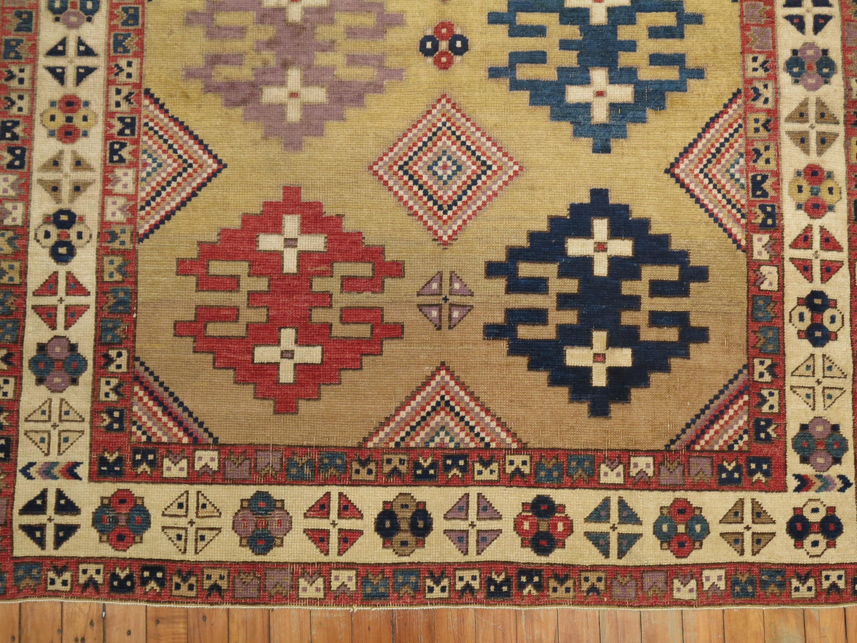 Zabihi Collection Vintage Turkish Tribal Caucasian Derived Square Accent Rug For Sale 2