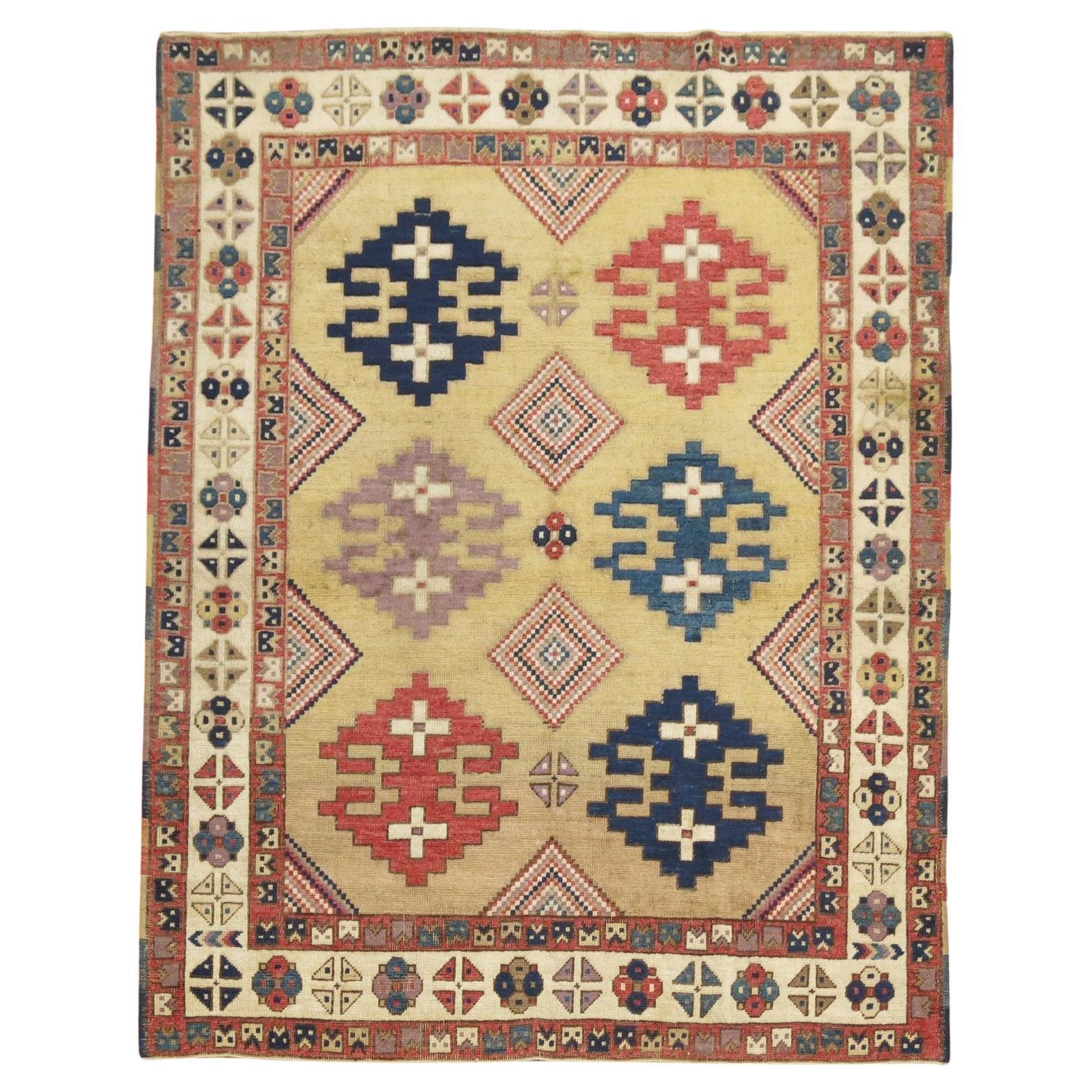 Zabihi Collection Vintage Turkish Tribal Caucasian Derived Square Accent Rug For Sale