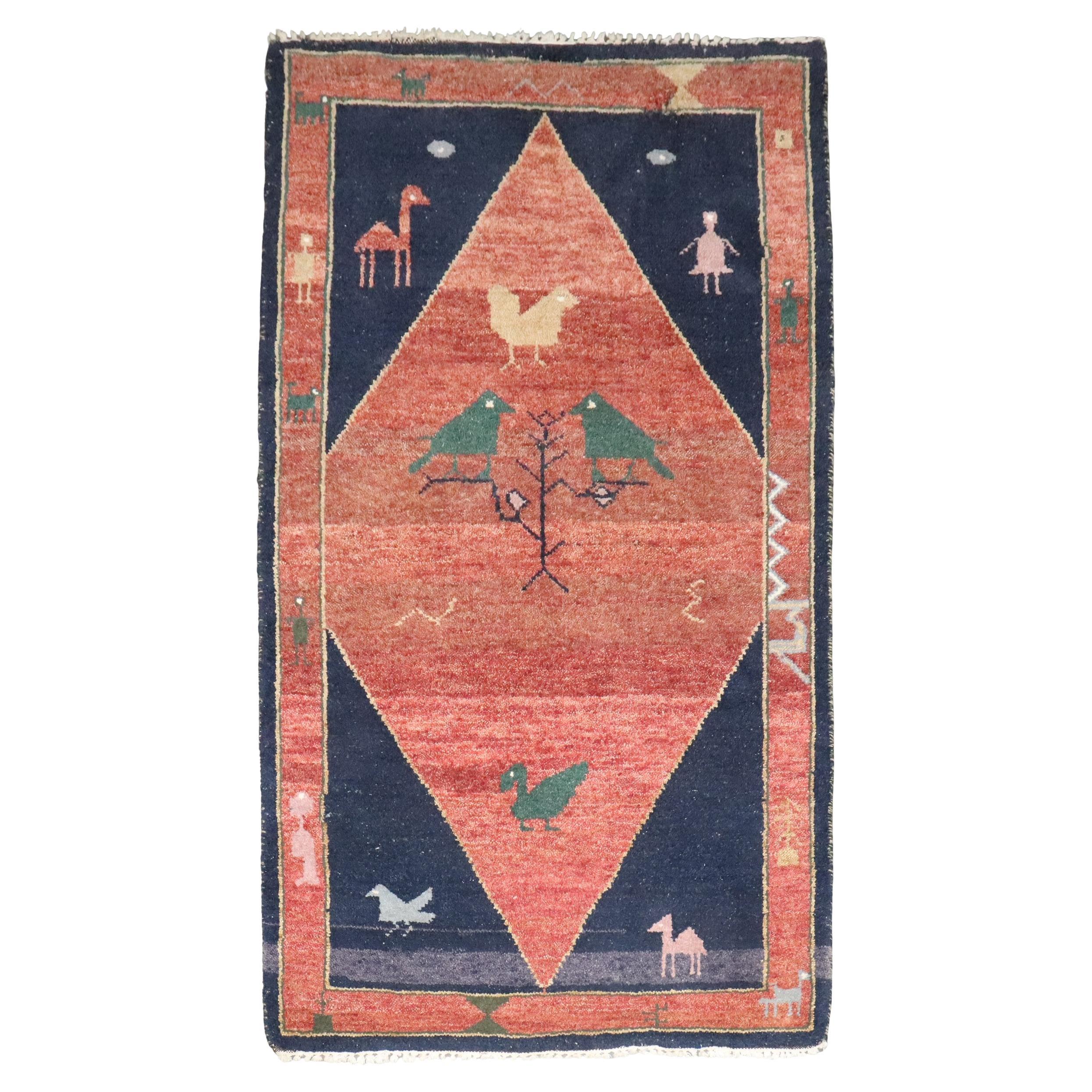 Zabihi Collection Whimsical Folk Art Persian Gabbeh Rug im Angebot