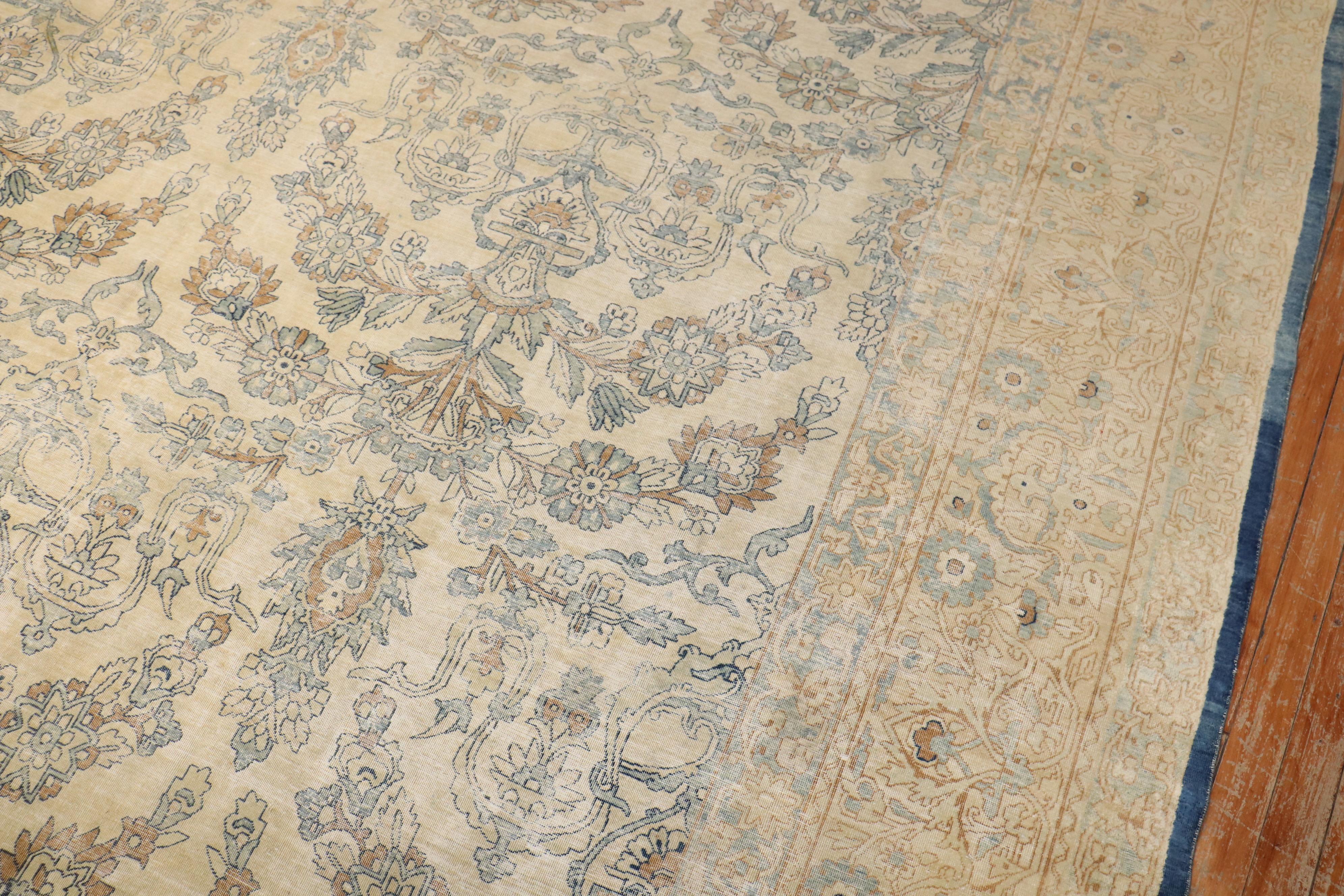 Kirman Zabihi Collection White Blue Antique Persian Kerman Carpet  For Sale