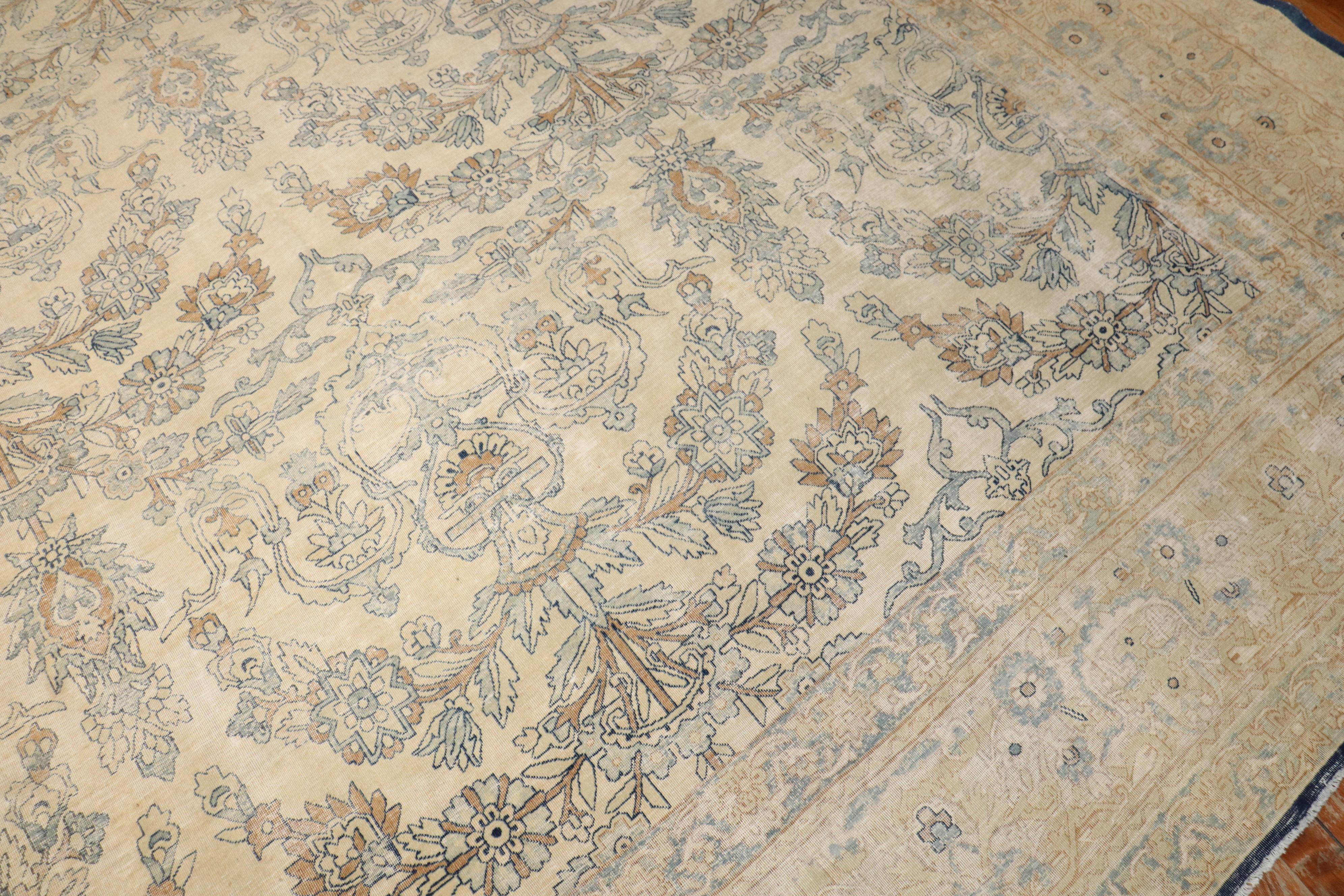 Wool Zabihi Collection White Blue Antique Persian Kerman Carpet  For Sale