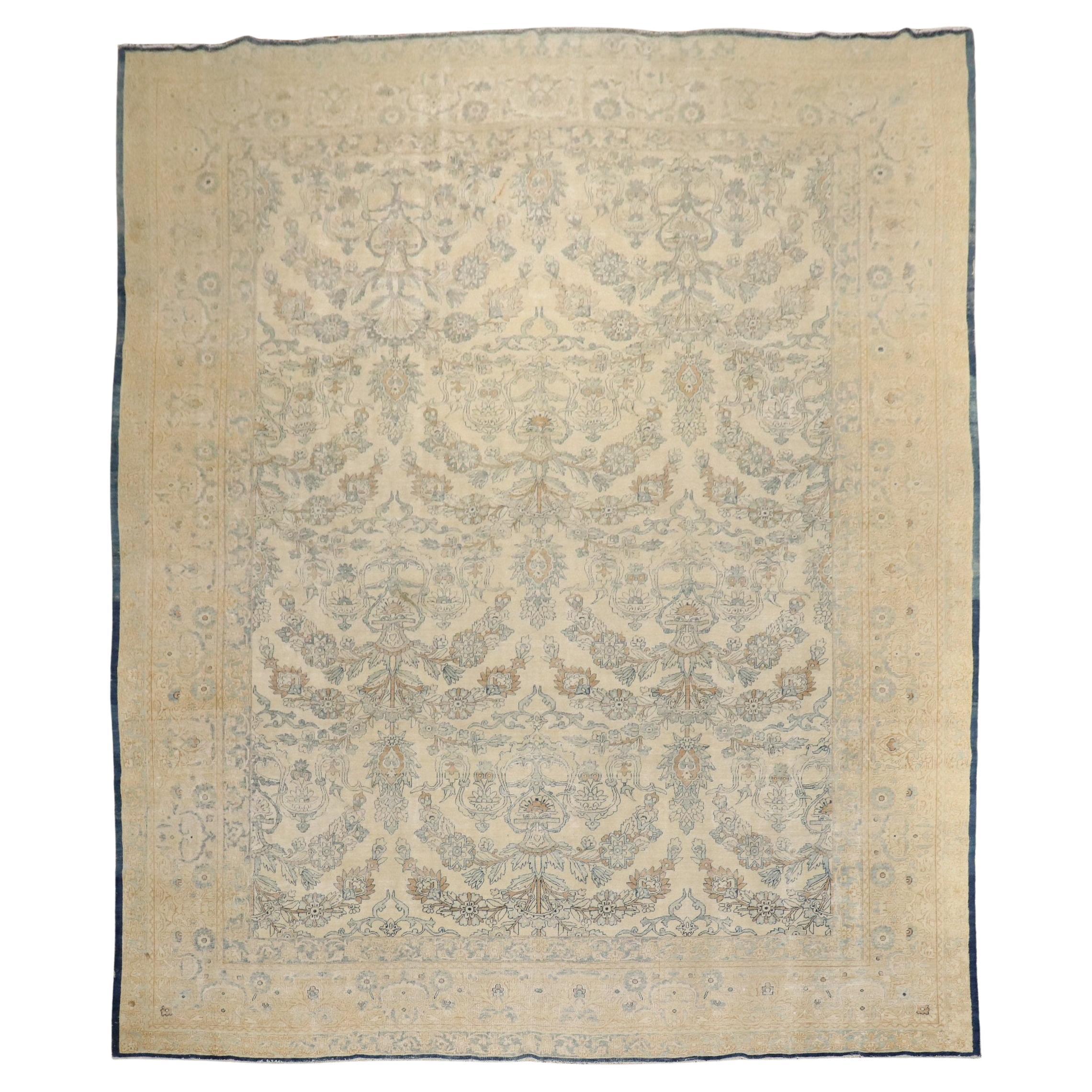 Zabihi Collection White Blue Antique Persian Kerman Carpet For Sale
