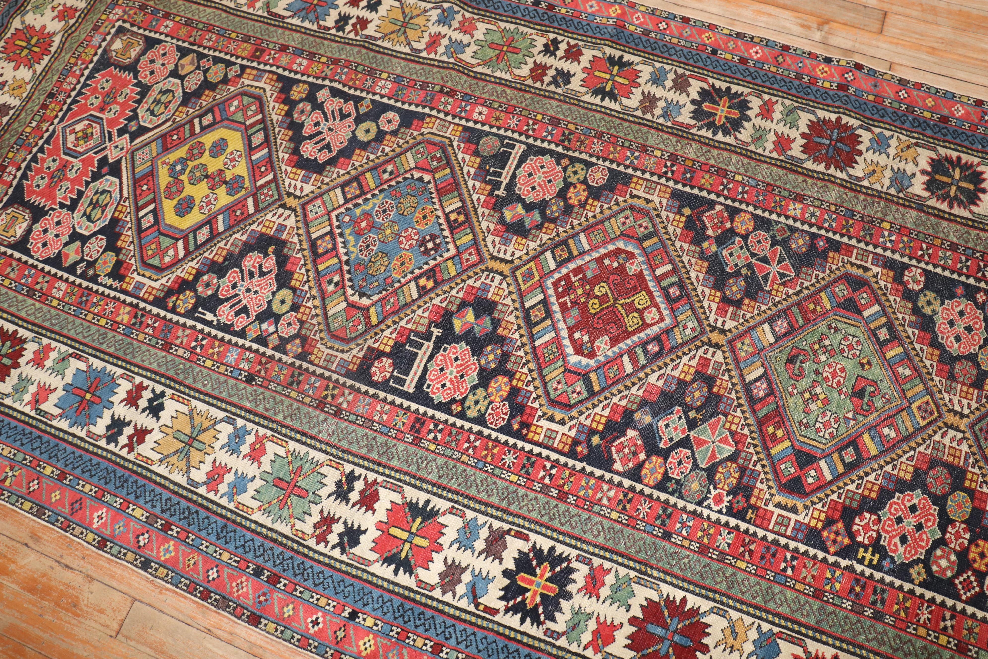 Zabihi Collection Wide Caucasian Antique Late 19th Century Runner In Good Condition For Sale In New York, NY