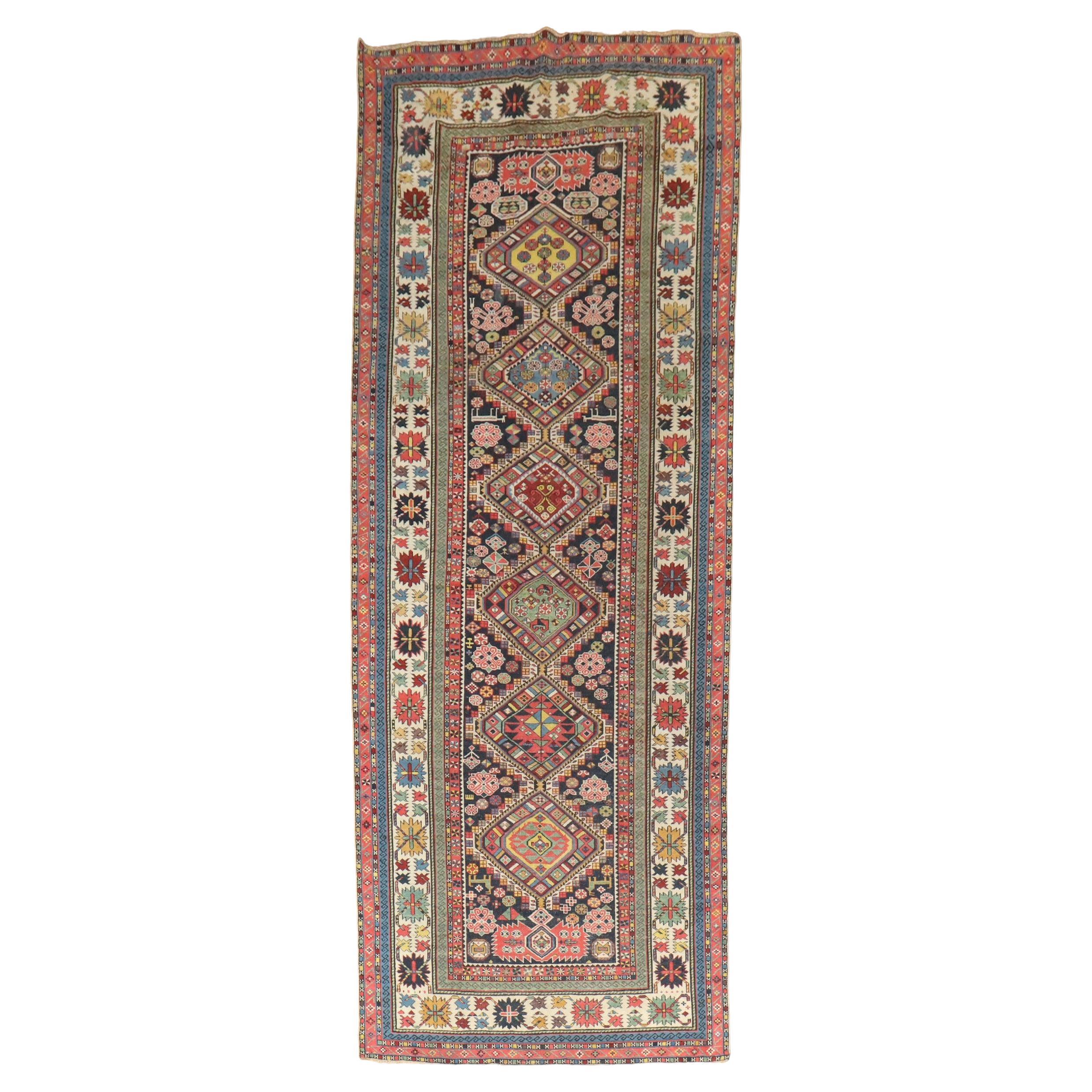 Zabihi Collection Wide Caucasian Antique Late 19th Century Runner For Sale