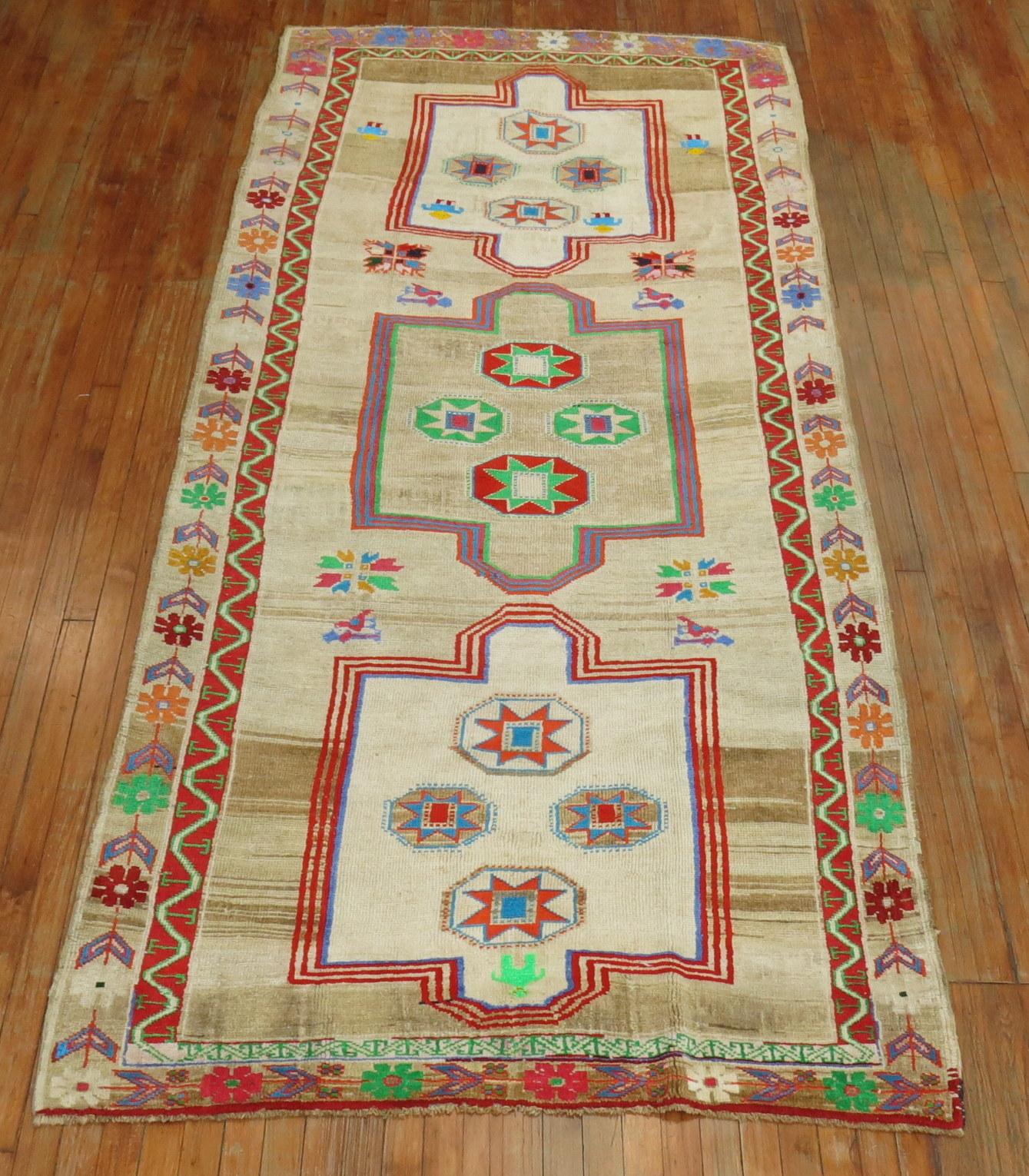 Zabihi Collection Wide Vintage Colorful Turkish Runner For Sale 3