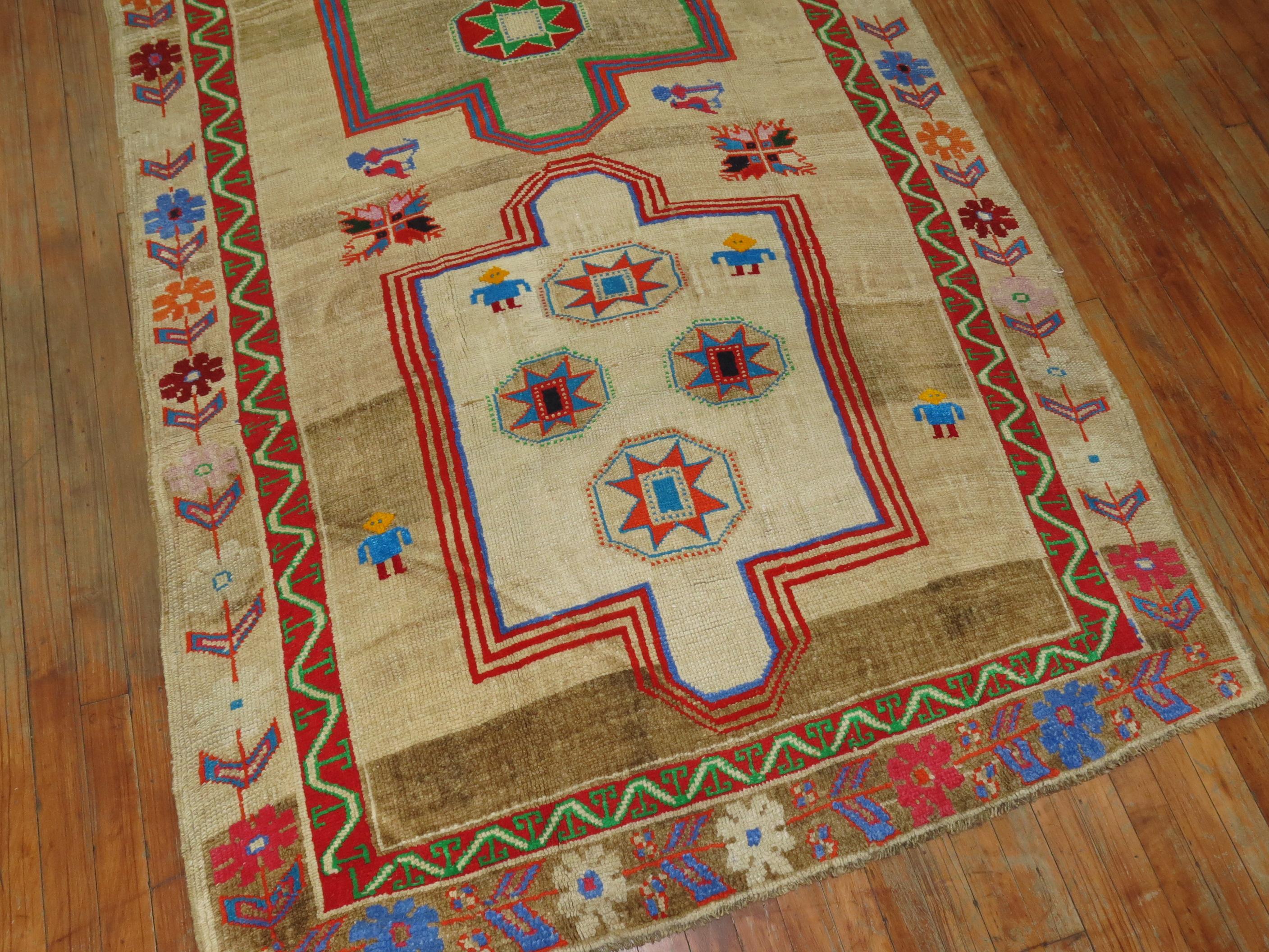 Arts and Crafts Zabihi Collection Wide Vintage Colorful Turkish Runner For Sale