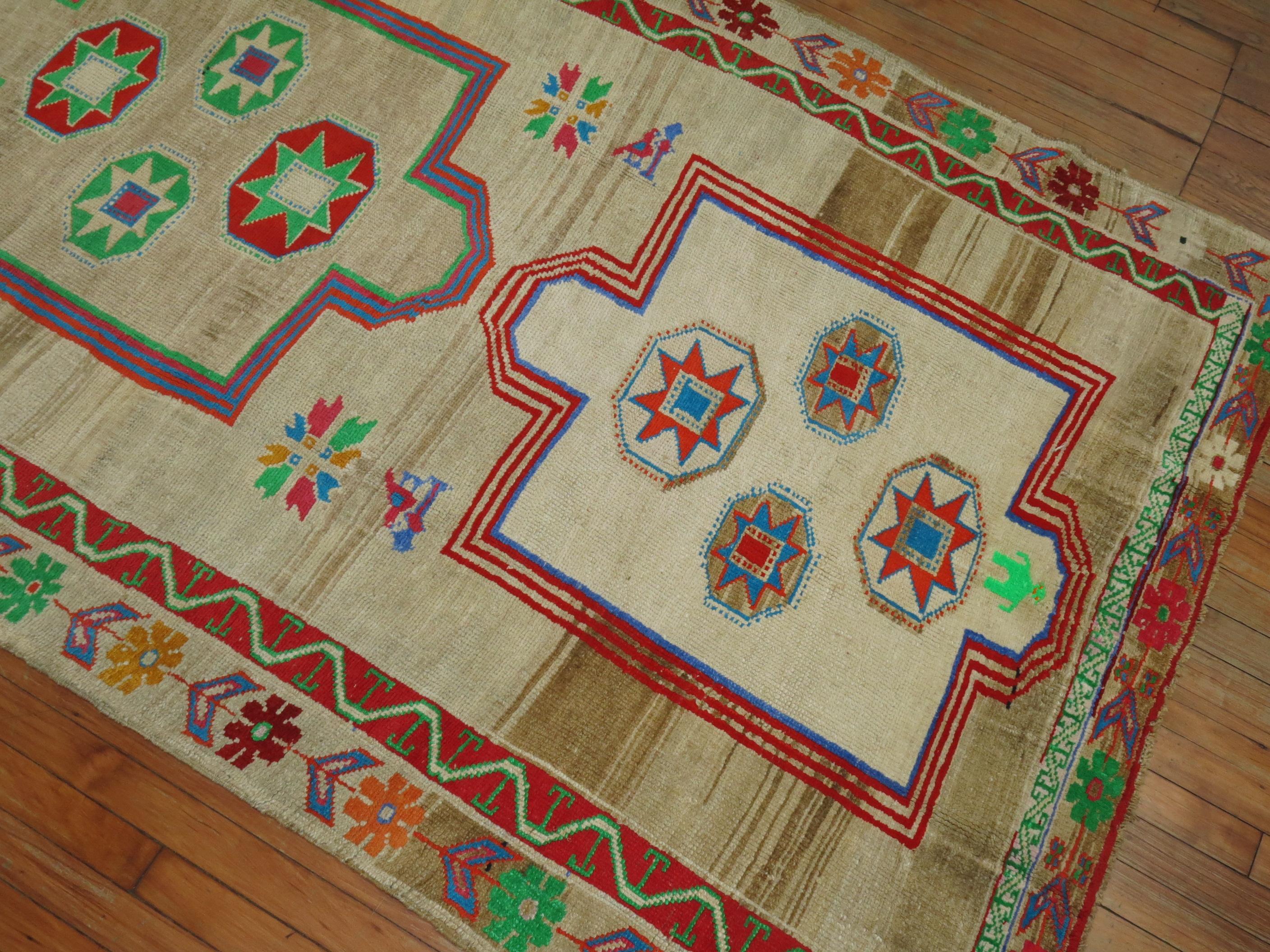 Wool Zabihi Collection Wide Vintage Colorful Turkish Runner For Sale